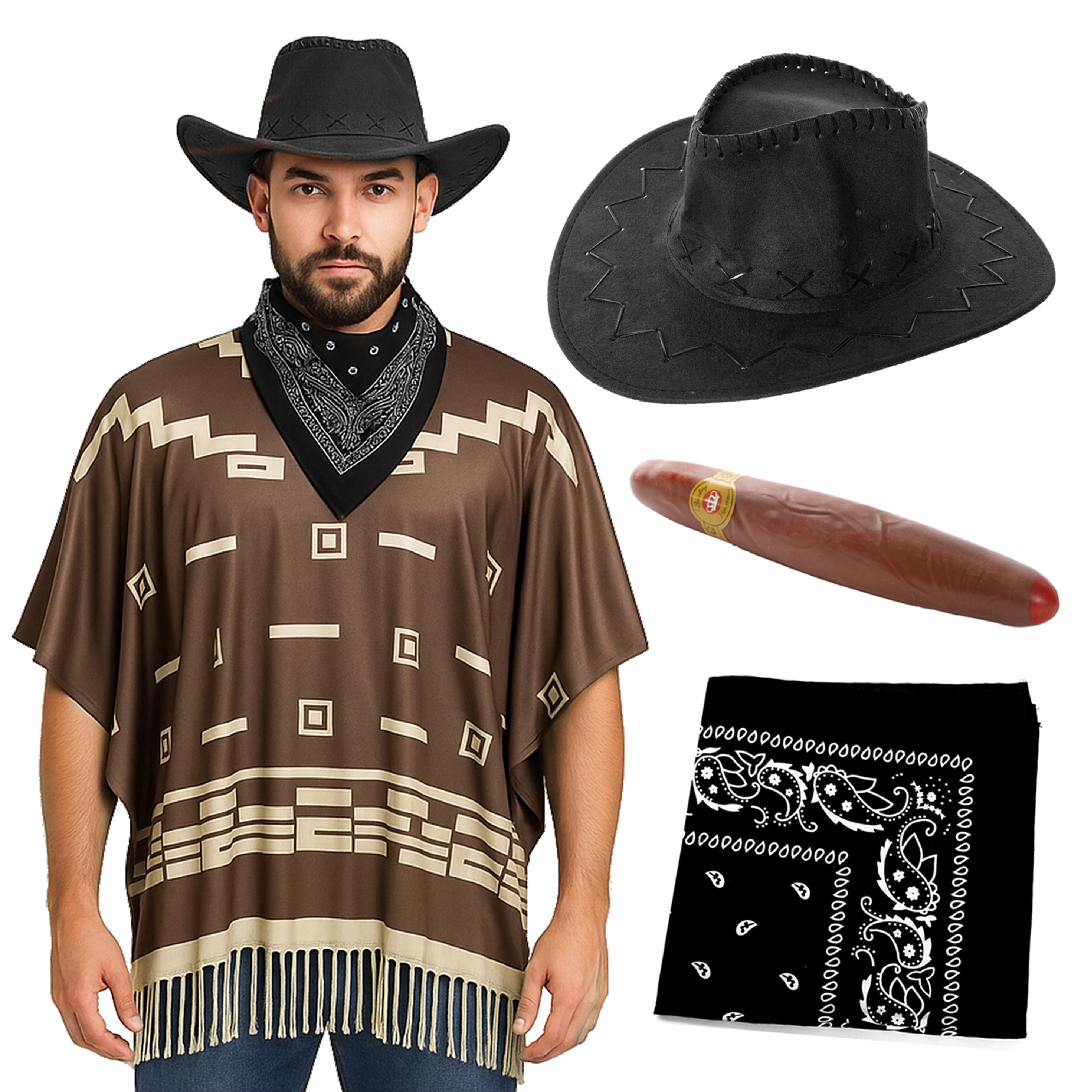 Adults Wild Western Costume | 4 Pcs | Brown Poncho, Cigar, Black Bandana & Brown Suede Cowboy Hat