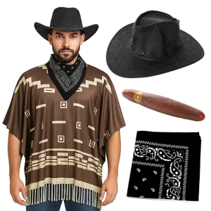 Adults Wild Western Costume | 4 Pcs | Brown Poncho, Cigar, Black Bandana & Brown Suede Cowboy Hat