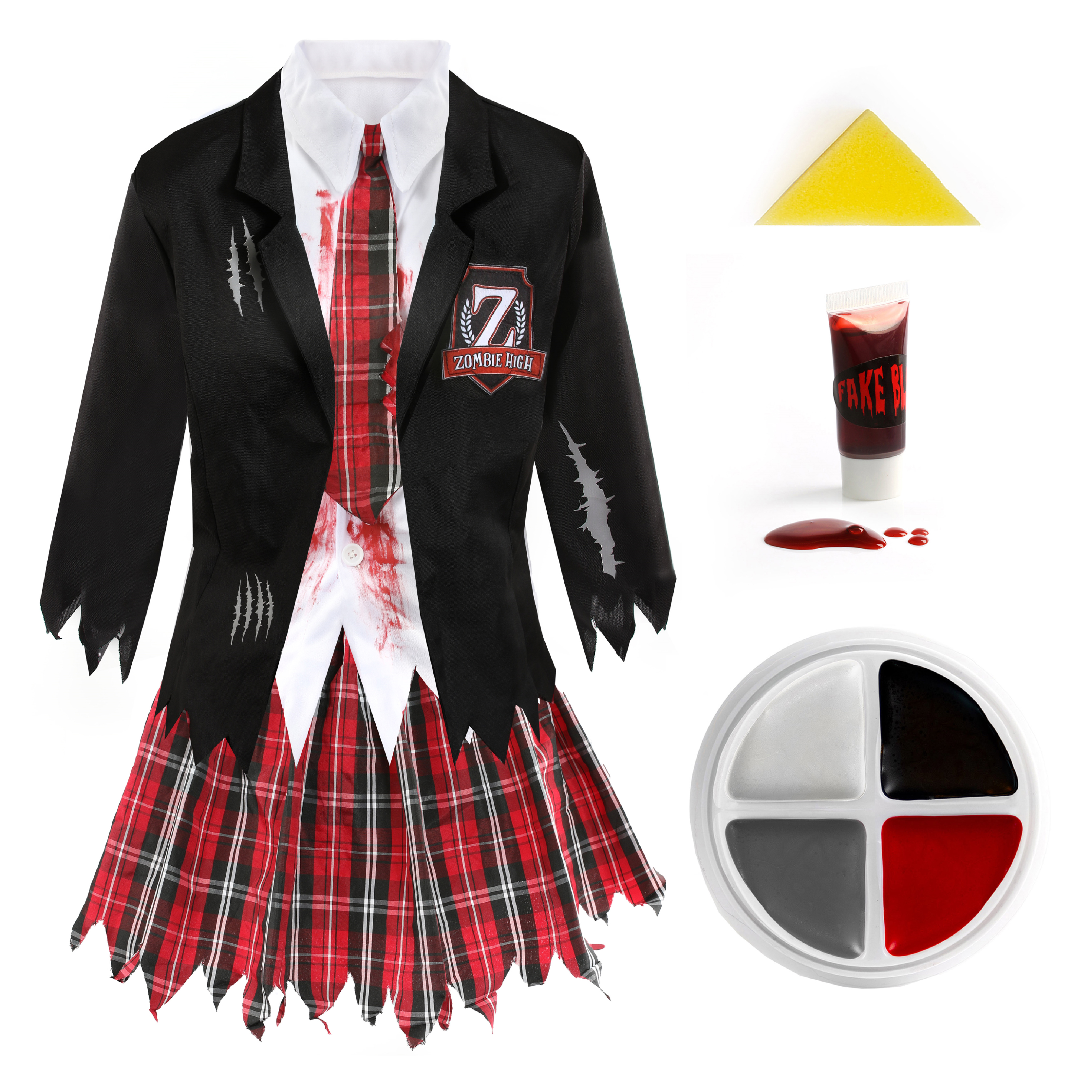 Ladies Zombie Schoolgirl Halloween Costume With Facepaint & Blood