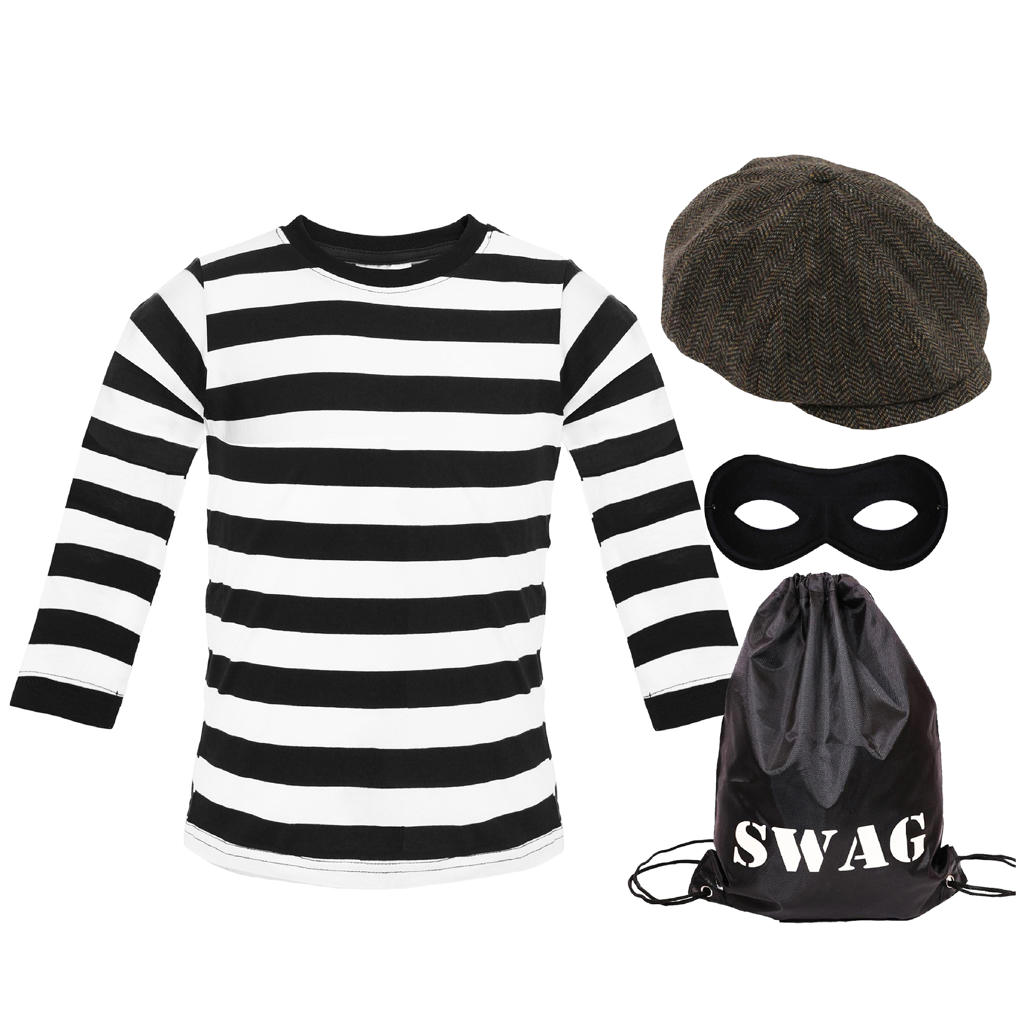 Men's Storybook Burglar Costume - Long Sleeve Top, Brown Hat, Mask & Swag Bag