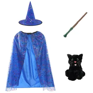 Girls Blue Witch Costume Set - Black Cat & Wand