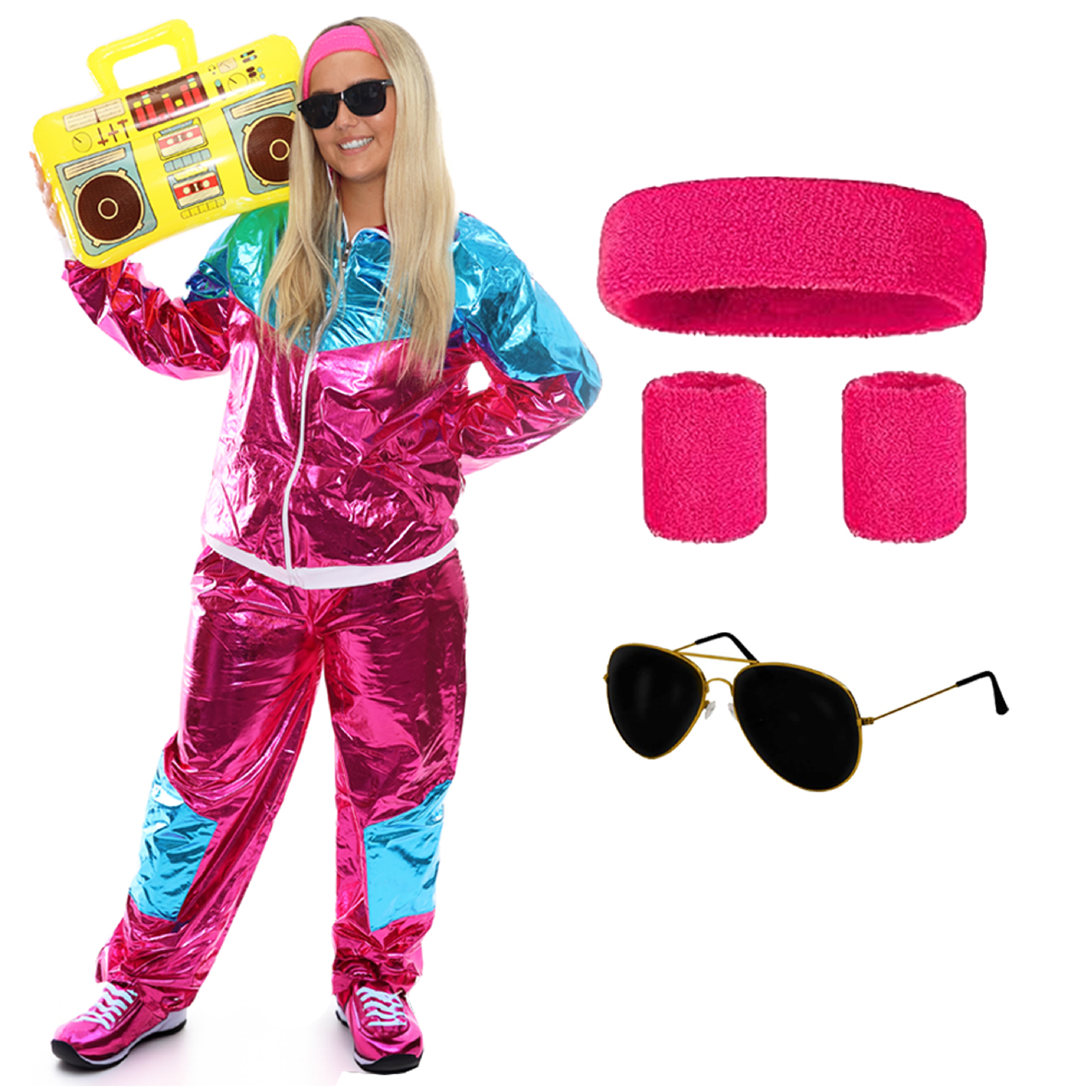 Ladies Pink & Blue Shell Suit Costume with Accessories