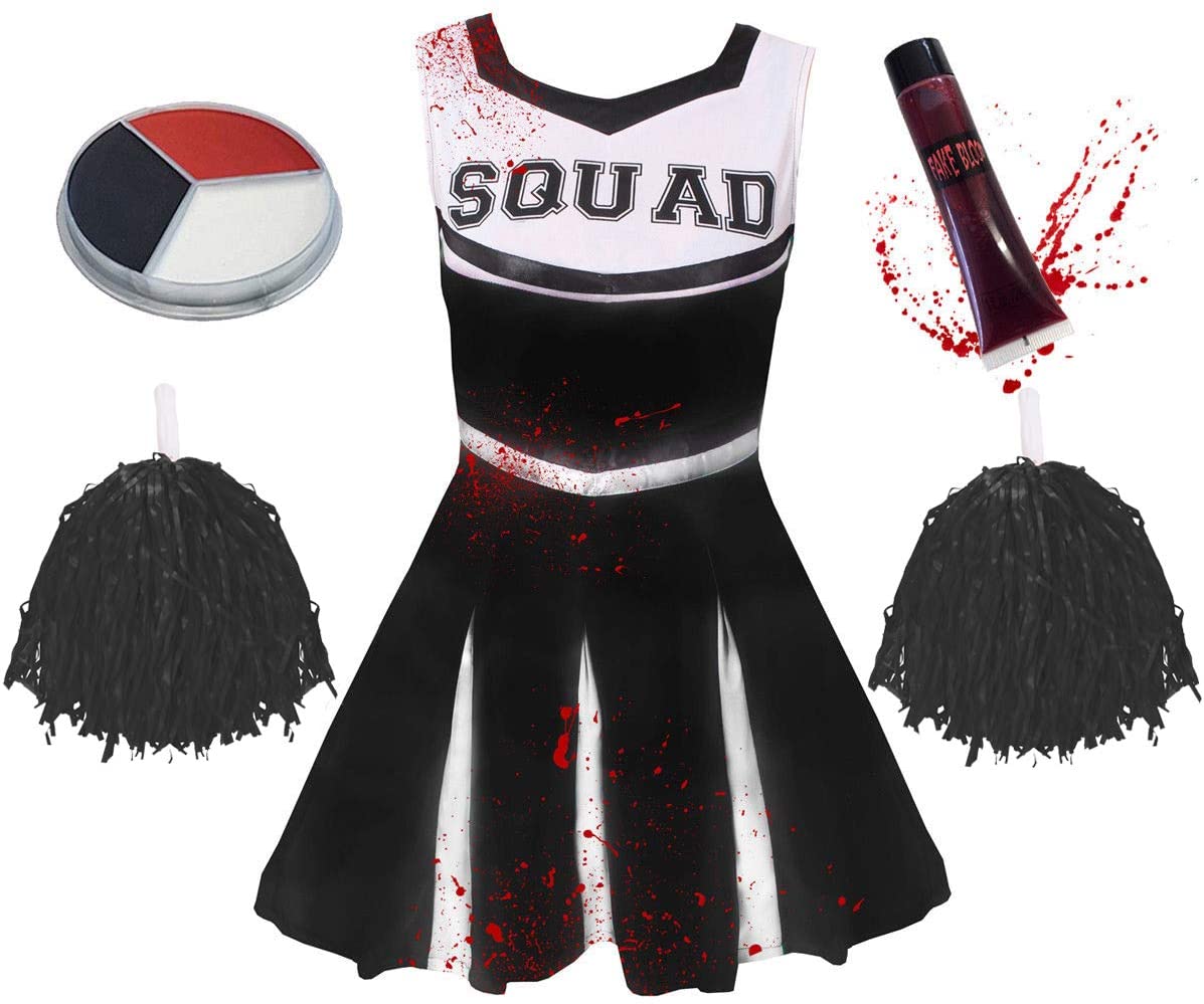 Deluxe Girls Black Zombie Cheerleader Halloween Fancy Dress Costume