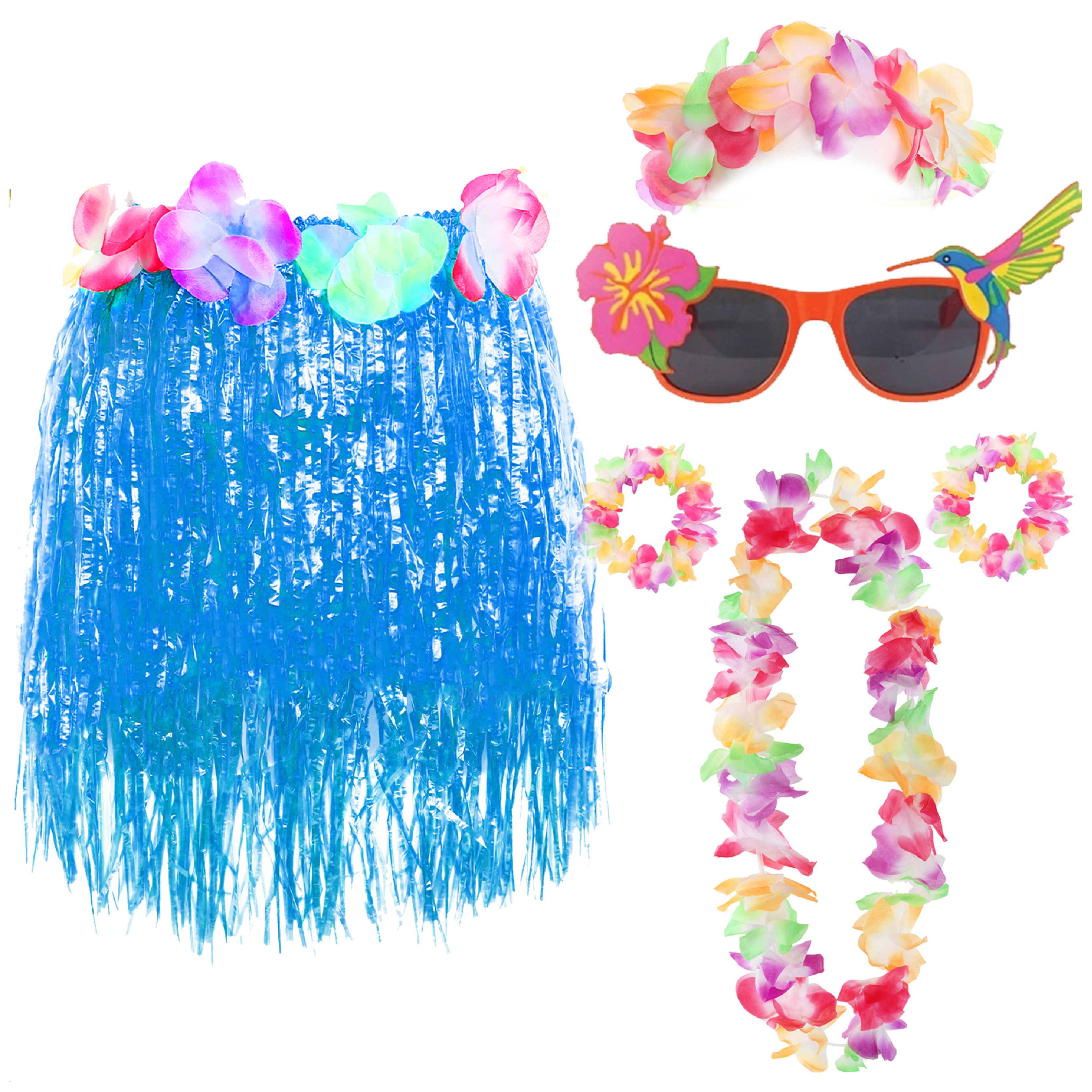 Blue Hula Skirt with Flower Lei & Glasses