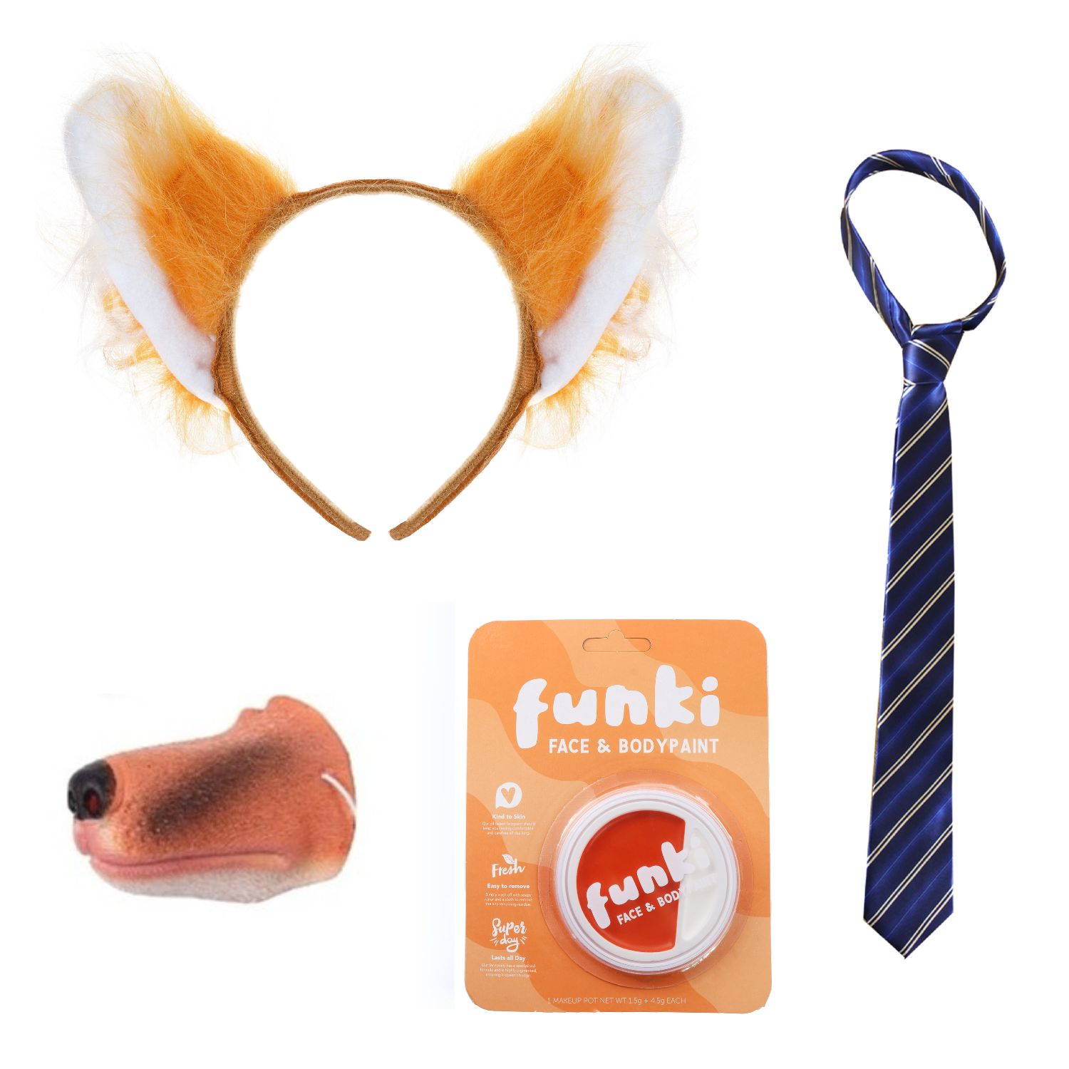 Nick Fox Costume | 4 Pcs | Ears, Tie, Nose & Face Paint