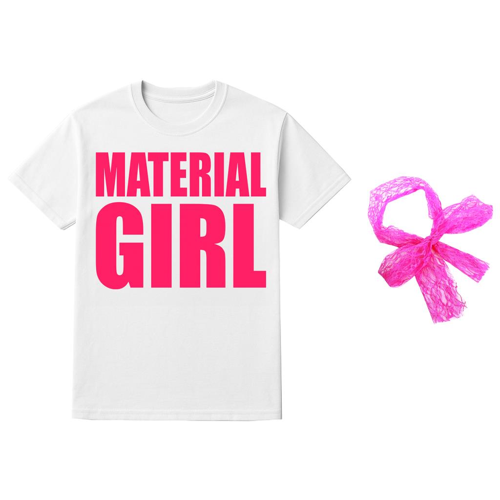 Ladies Material Girl Costume – Printed T-shirt & Lace Hair Bow
