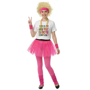 Adults 80’s Costume | 8 Pcs | White T-Shirt, Tutu, Beaded Necklace, Blonde Afro Wig, Tights, Leg Warmers & Sweat Bands