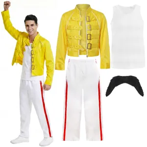 Adults 80's Rock Star Costume | 4 Pcs | Yellow Jacket, Vest, White Trousers & Tash