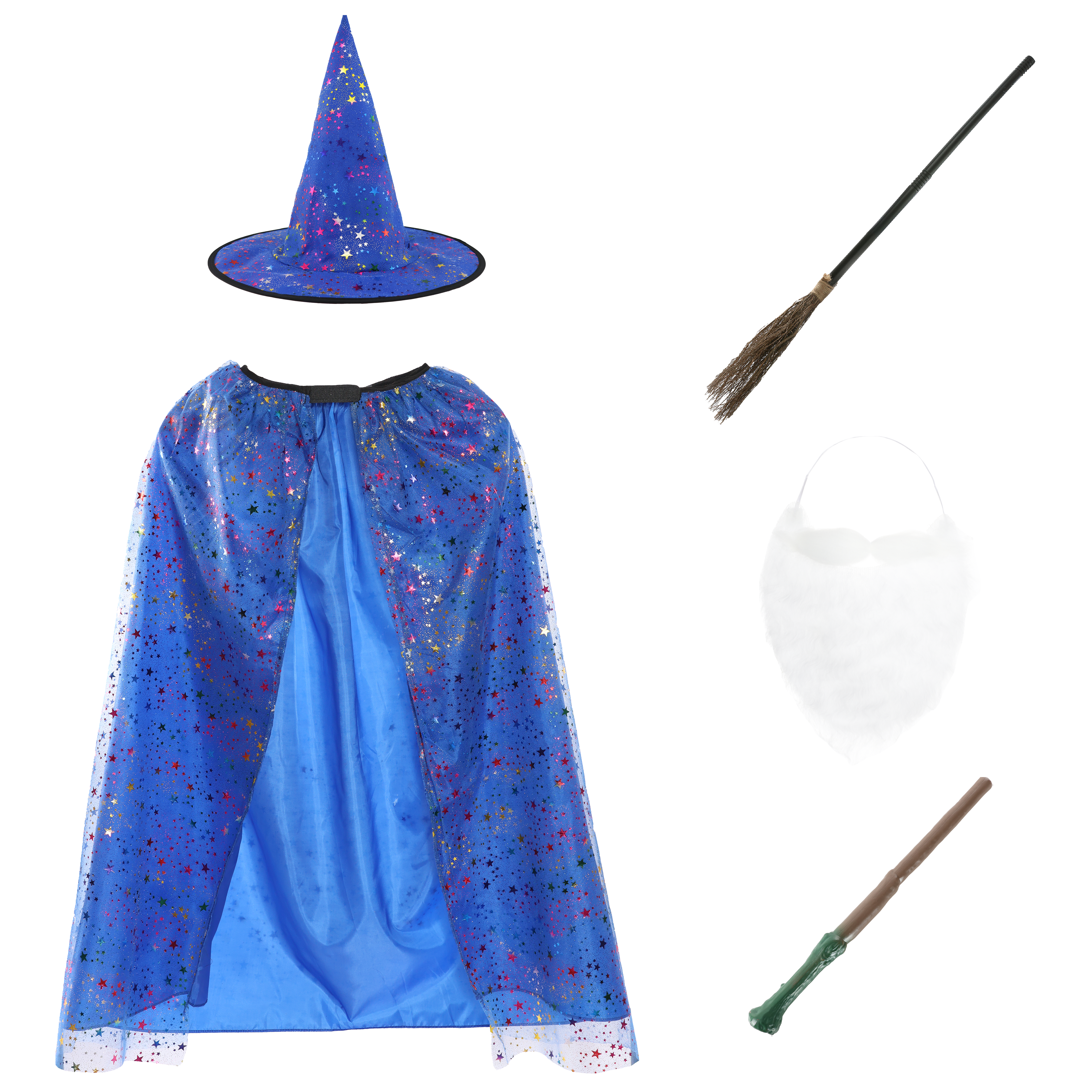 Girls Blue Witch Costume Set - Beard, Wand & Broom