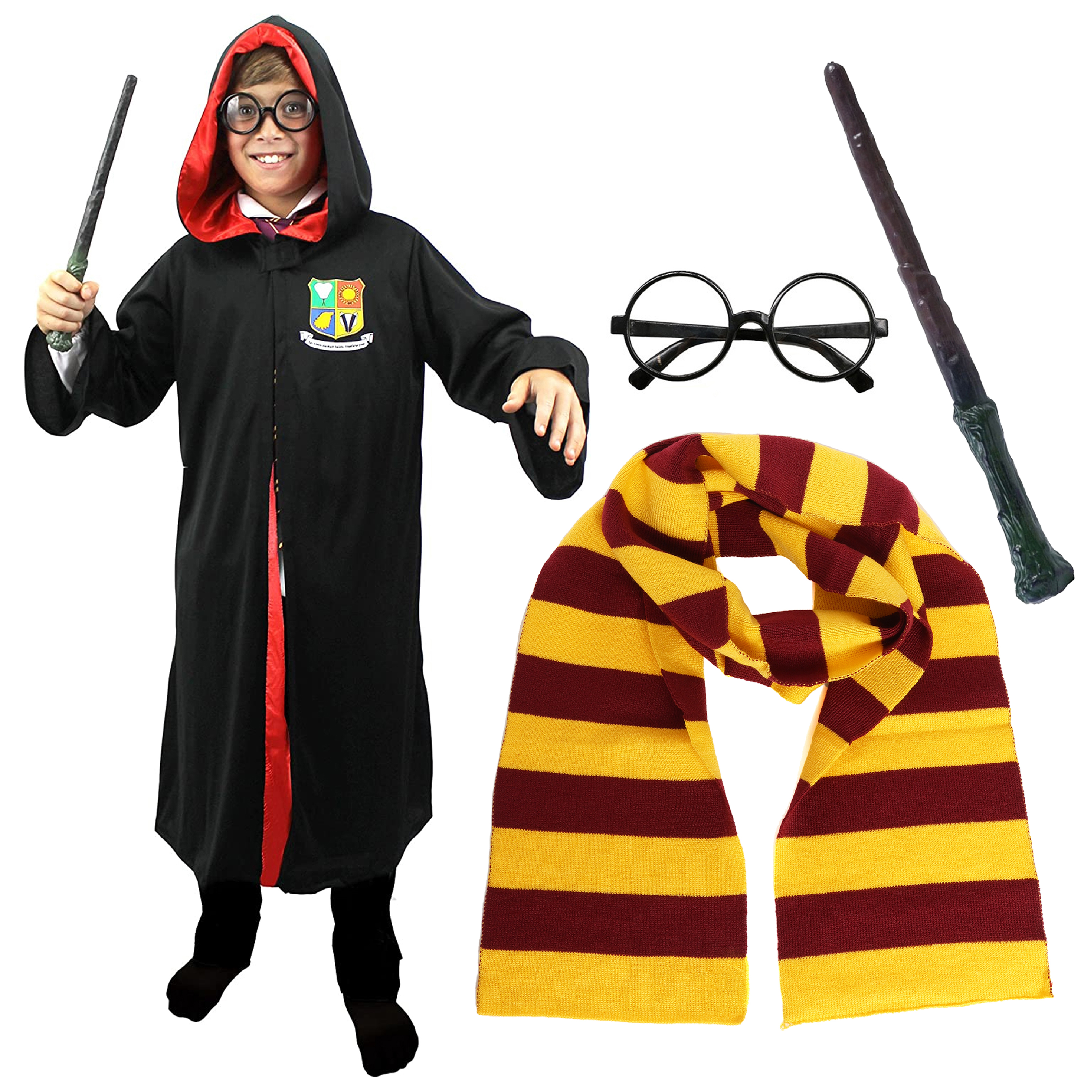 Childs School Wizard Costume - Wand, Glasses & Scarf