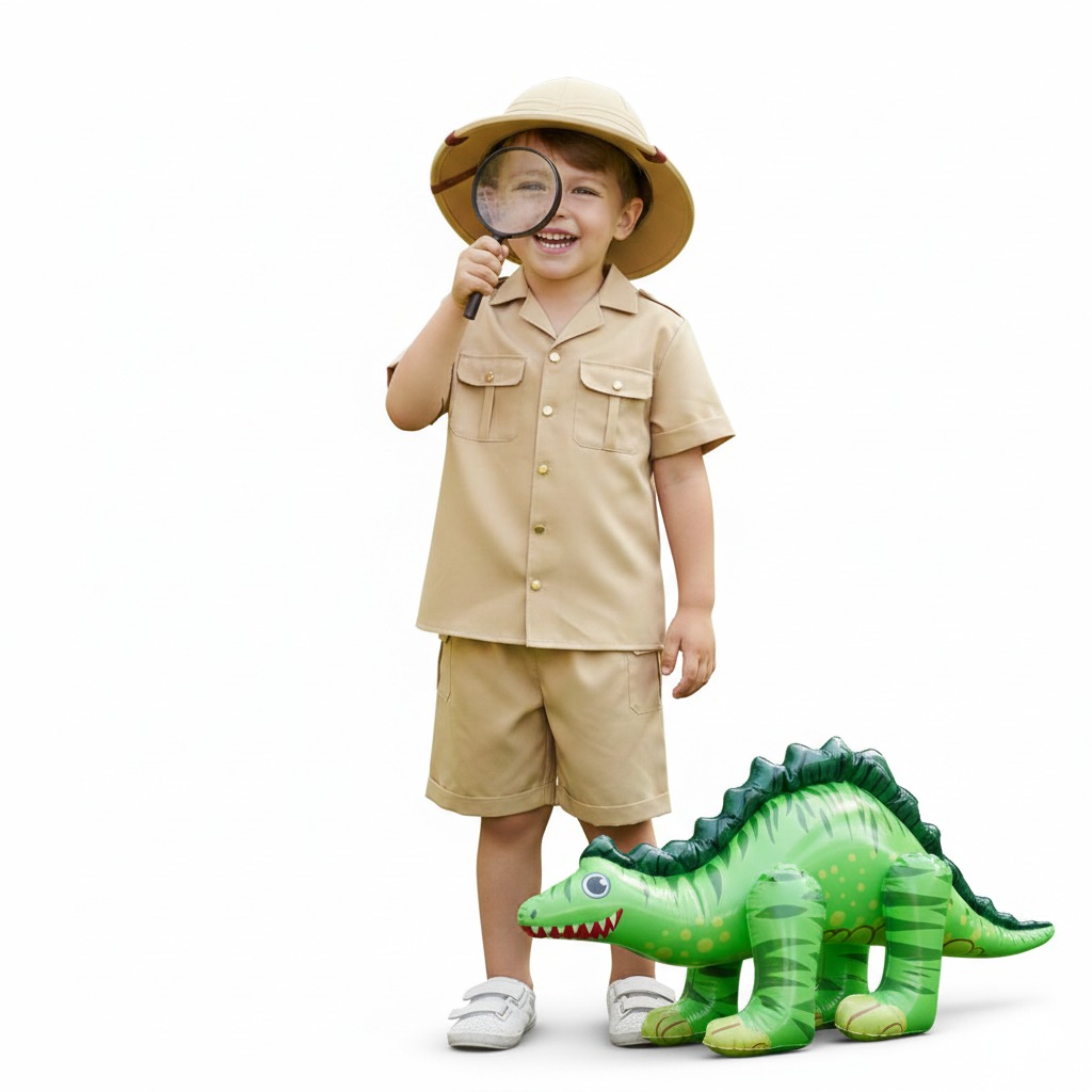Kids Palaeontologist Costume | 5 Pcs | Jacket, Trousers, Hat, Magnifying Glass & Inflatable Stegosaurus
