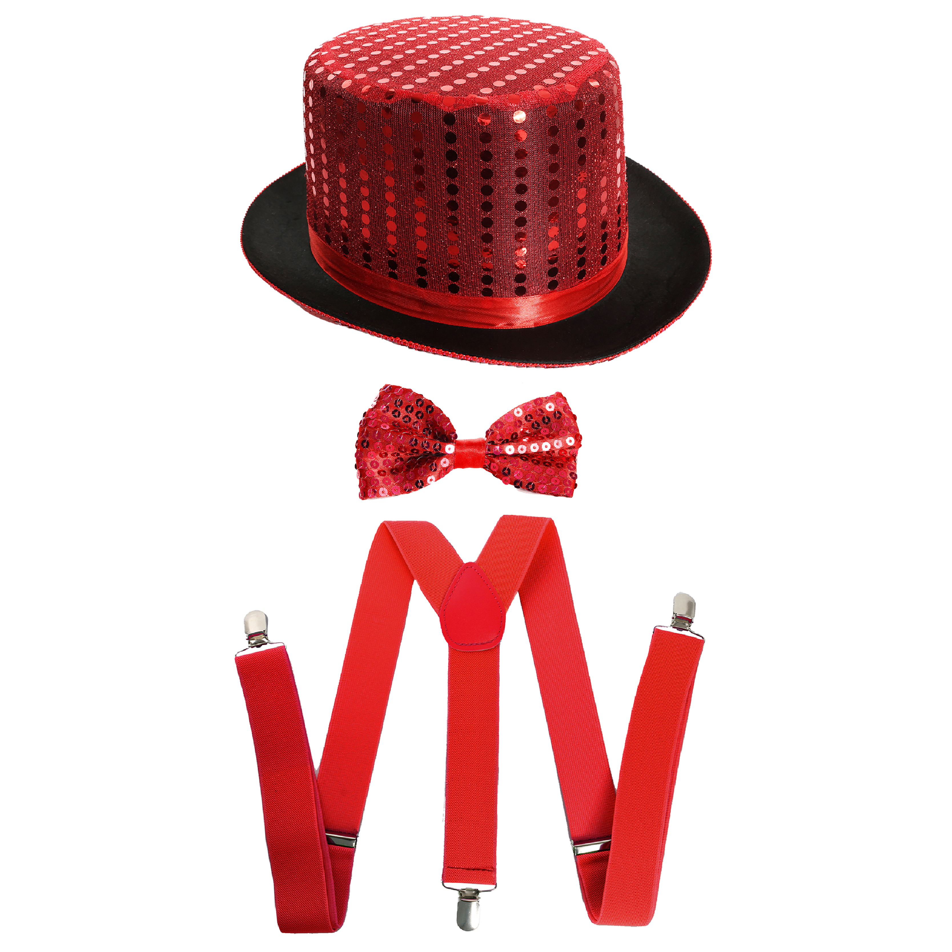 Red Accessory Set - Sequin Top Hat, Bow Tie & Braces