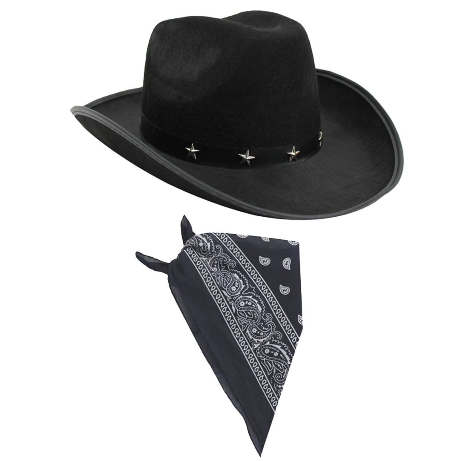 Black Star Studded Cowboy Hat & Paisley Navy Blue Bandana