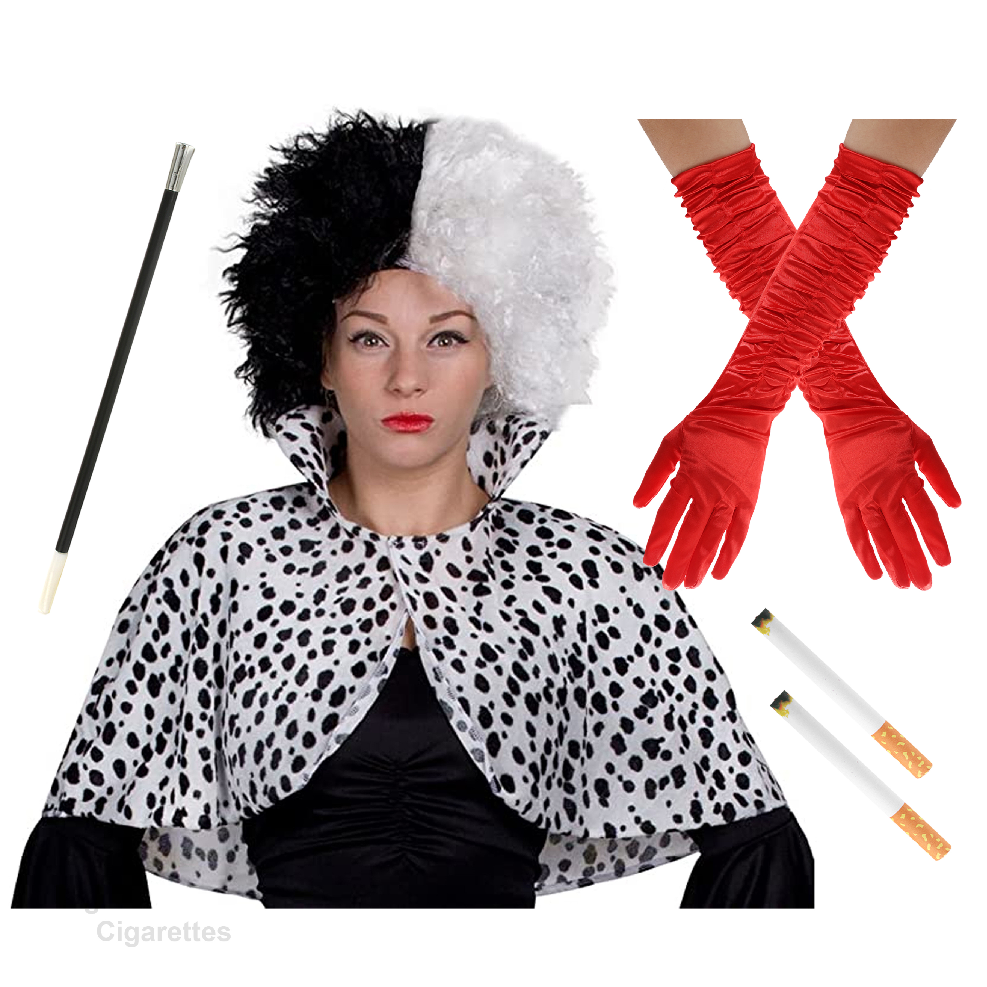 Evil Dog Lady Accessory Set - Cape, Crimped Wig, Crinkle Red Gloves & Fake Cigarettes