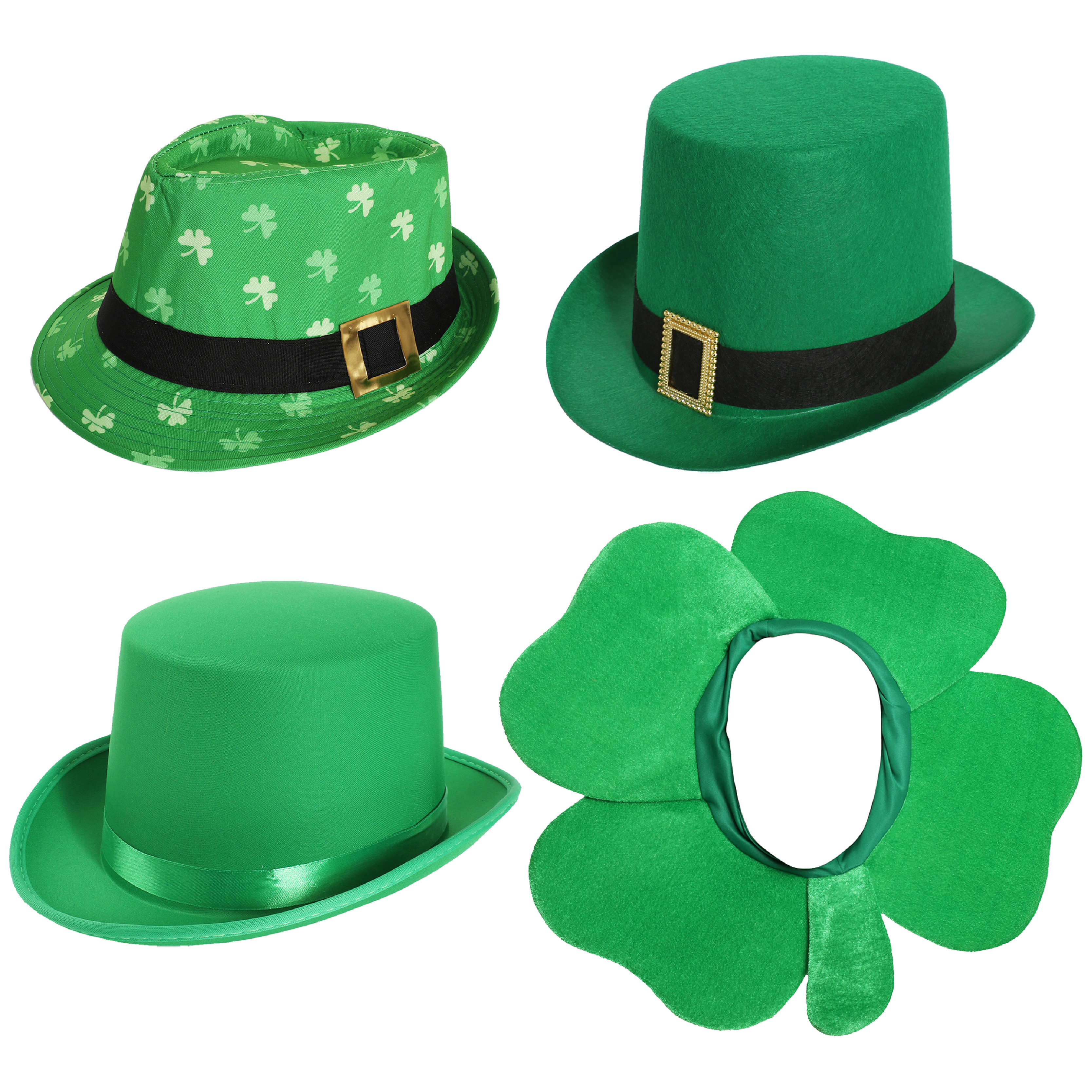 4 Pack Irish Novelty Hats - Clover, trilby, Satin & Buckle Top Hats