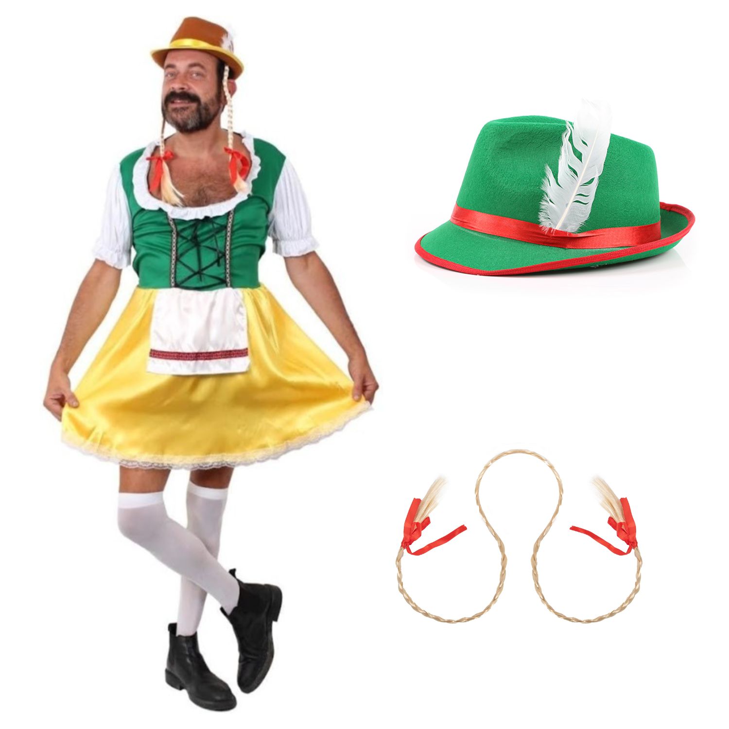 Men's Yellow & Green Bavarian Dress Stag Do Costume Set - Dress, Hat & Plaits