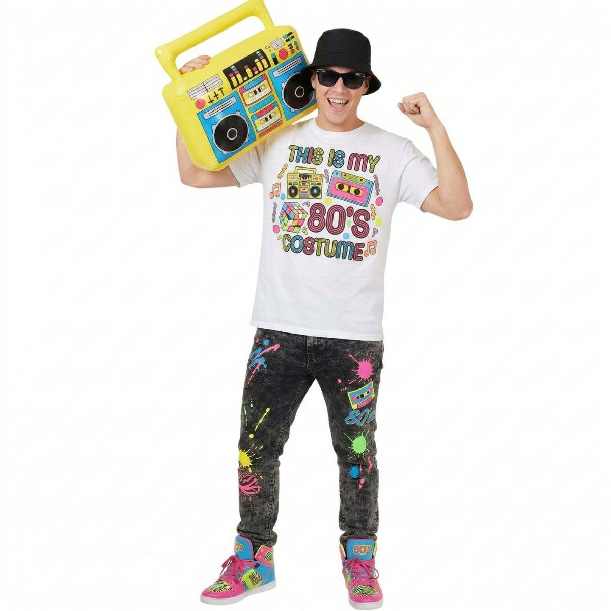 Adults 80’s Costume | 4 Pcs | White T-Shirt, Glasses, Inflatable Boombox & Black Bucket Hat