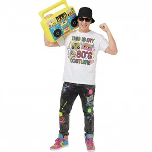 Adults 80’s Costume | 4 Pcs | White T-Shirt, Glasses, Inflatable Boombox & Black Bucket Hat