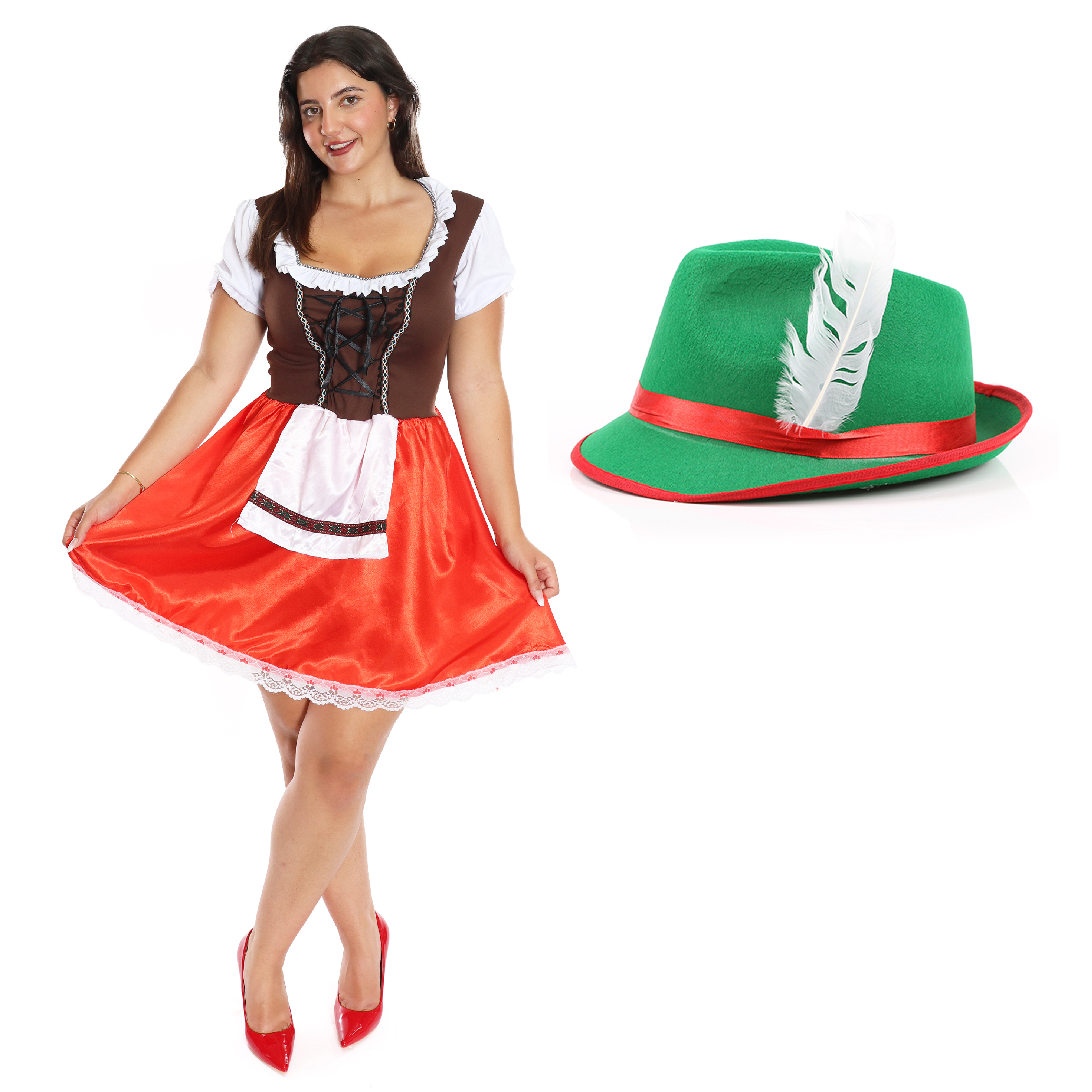Ladies Red & Brown Bavarian Dress with Hat