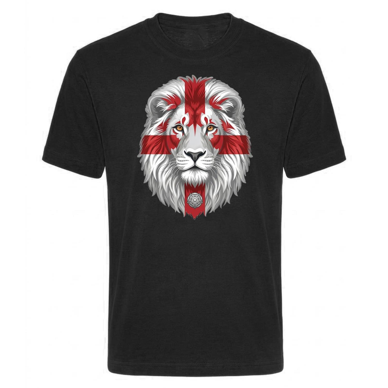 Adults England St George Flag Lion Face T-Shirt | Black Patriotic Football Fan Shirt | Red Cross Graphic Supporter Top