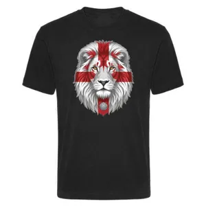 Adults England St George Flag Lion Face T-Shirt | Black Patriotic Football Fan Shirt | Red Cross Graphic Supporter Top