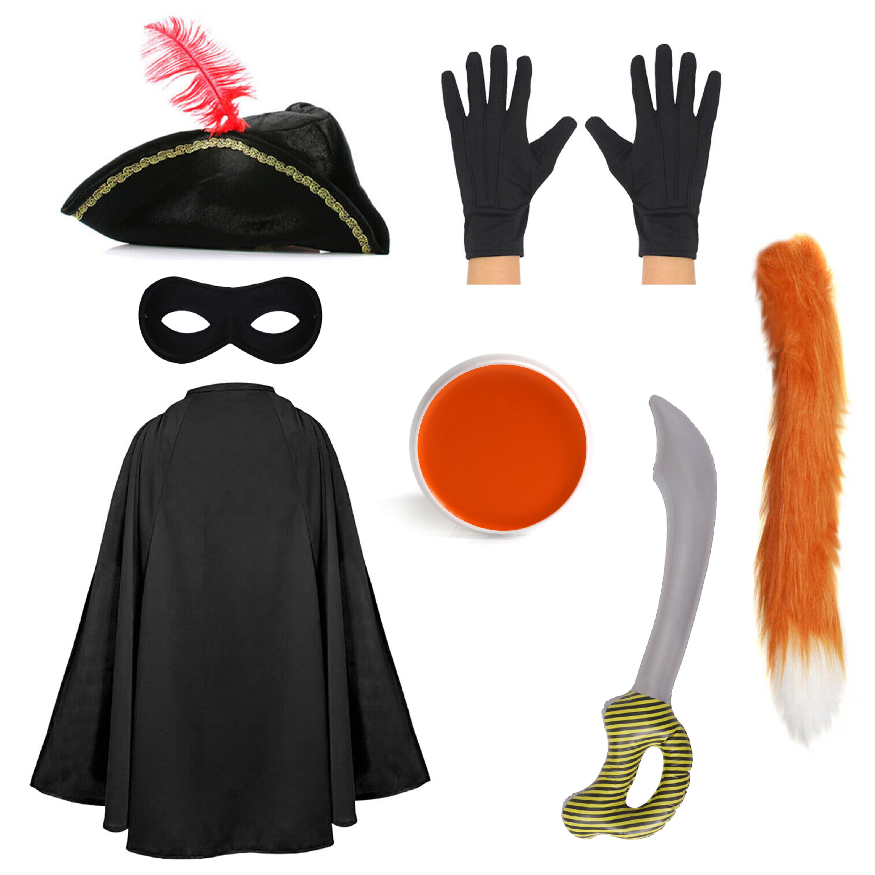 Child's Deluxe Cat Bandit Costume | 7 Pcs | Cape, Hat, Belt, Gloves, Inflatable Sword, Thin Tail & Orange Face Paint