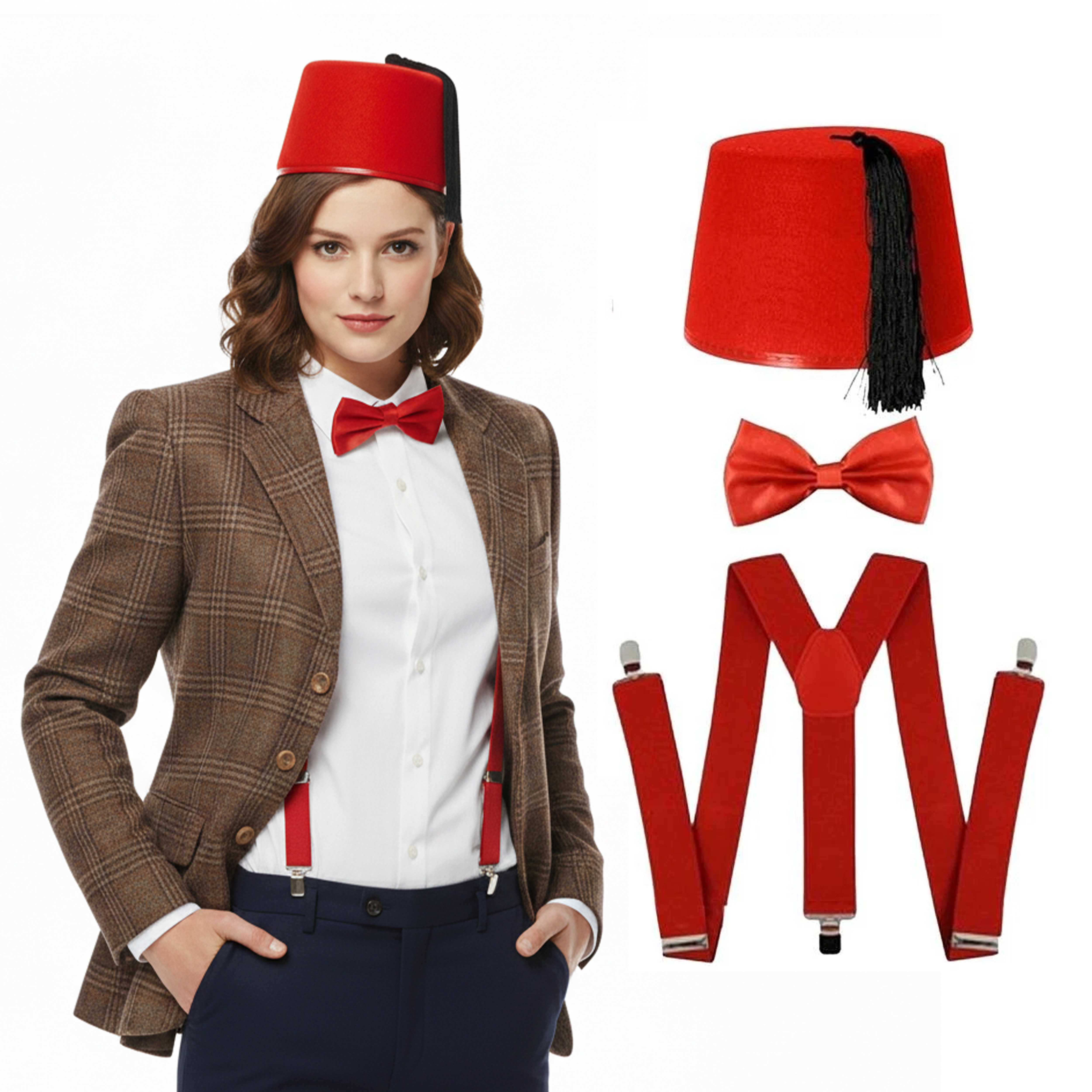 Ladies Time Traveller Costume | 4 Pcs | Blazer, Fez, Braces & Bow Tie