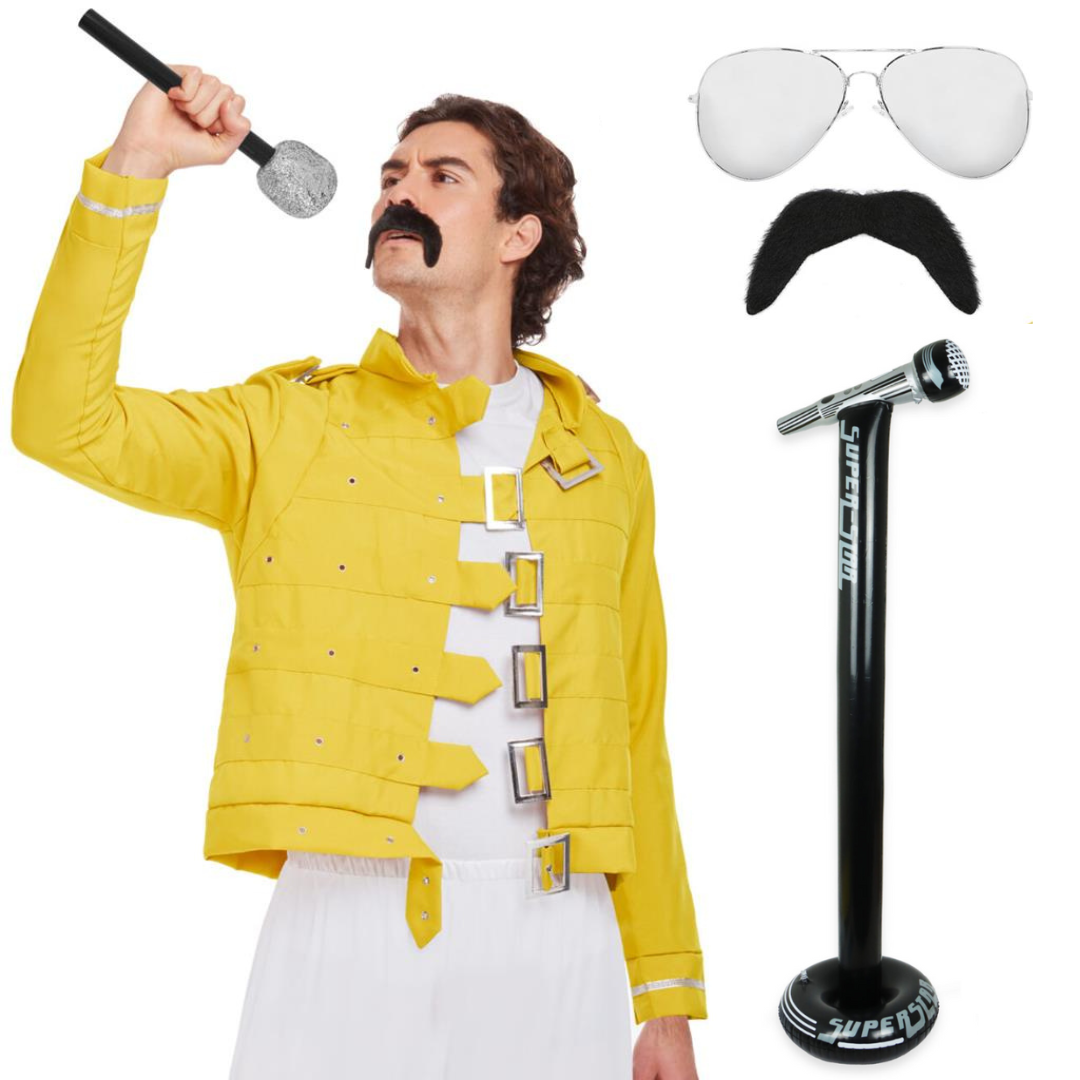 Adults 80's Rock Star Costume Set - Yellow Jacket, Moustache, Glasses & Inflatable Microphone on Stand