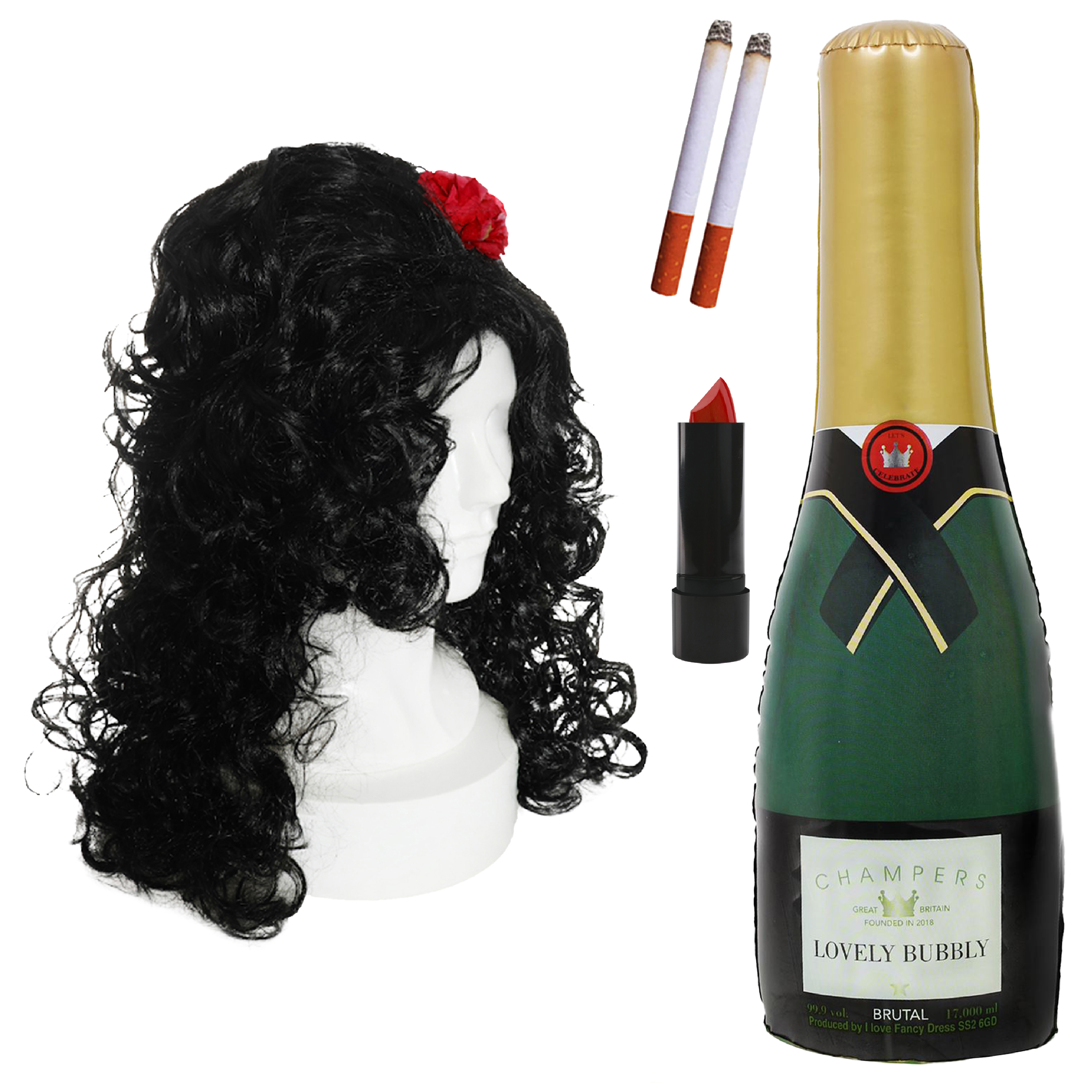 2000's Singer Accessory Set - Beehive Wig, Red Lipstick, Fake Cigarettes & Inflatable Champagne Bottle