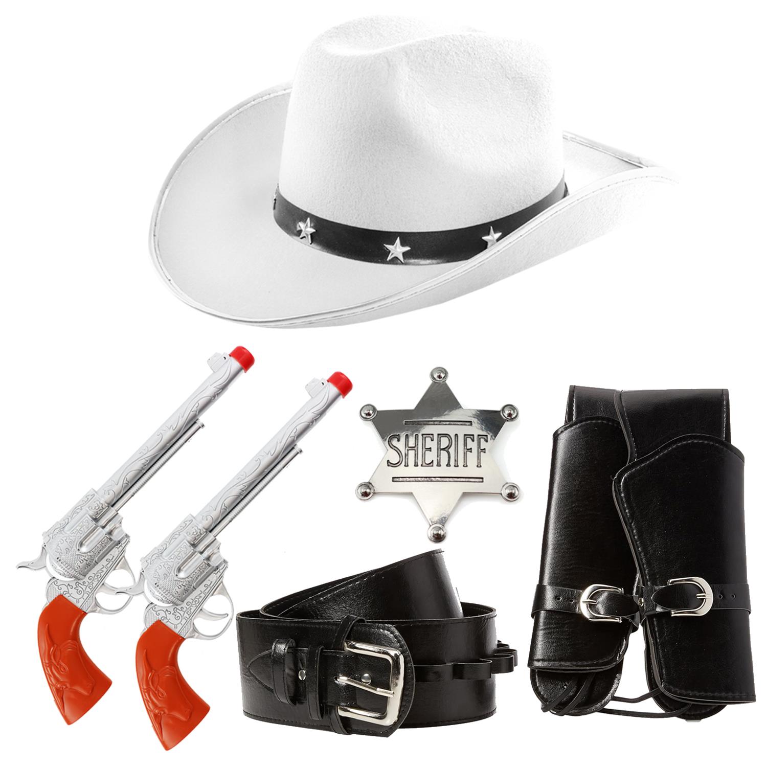 Adults Cowboy Accessory Set | 4 Pcs | White Studded Hat, Plastic Pistols, Badge & Holster