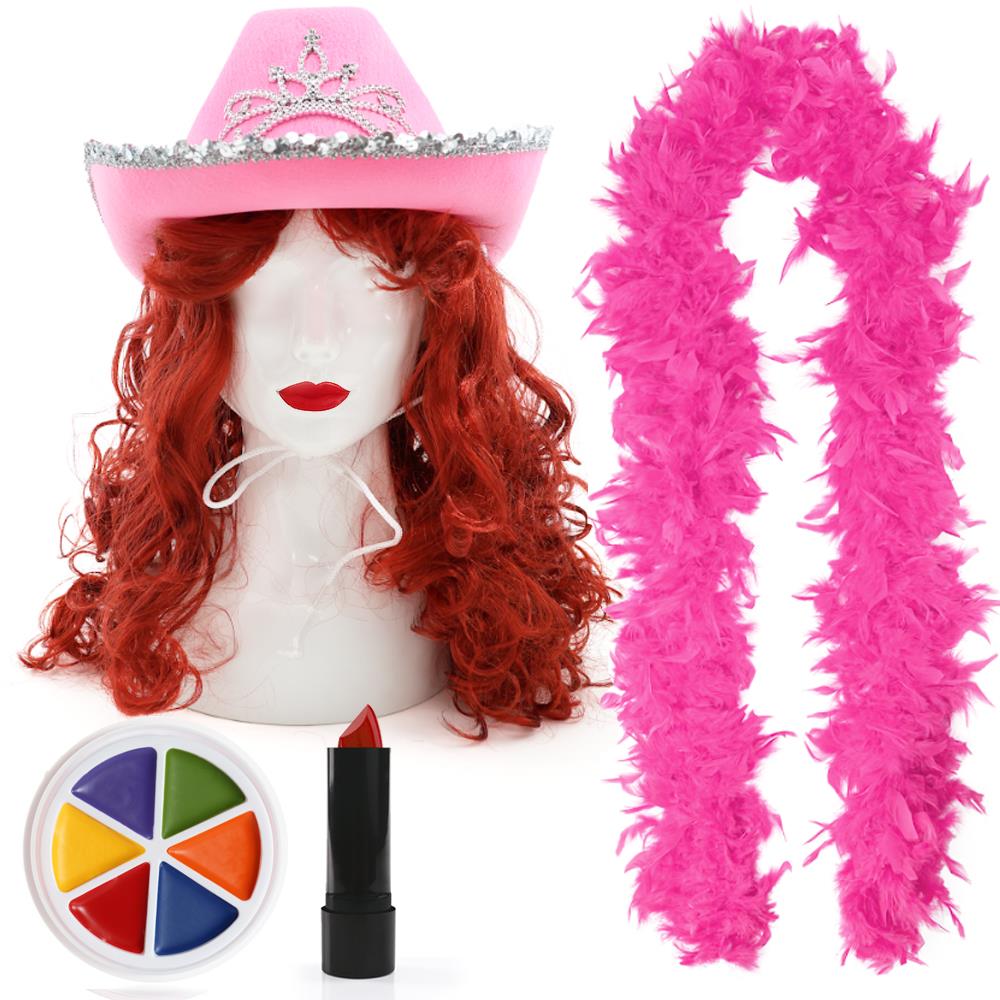 Pink Cowgirl Party Club Set | 5 Pcs | Cowboy Hat, Wig, Feather Boa, Face Paint & Lipstick