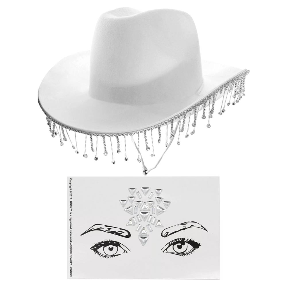 Western Cowboy Accessory Set - White Hat with Diamantes & Face Gems