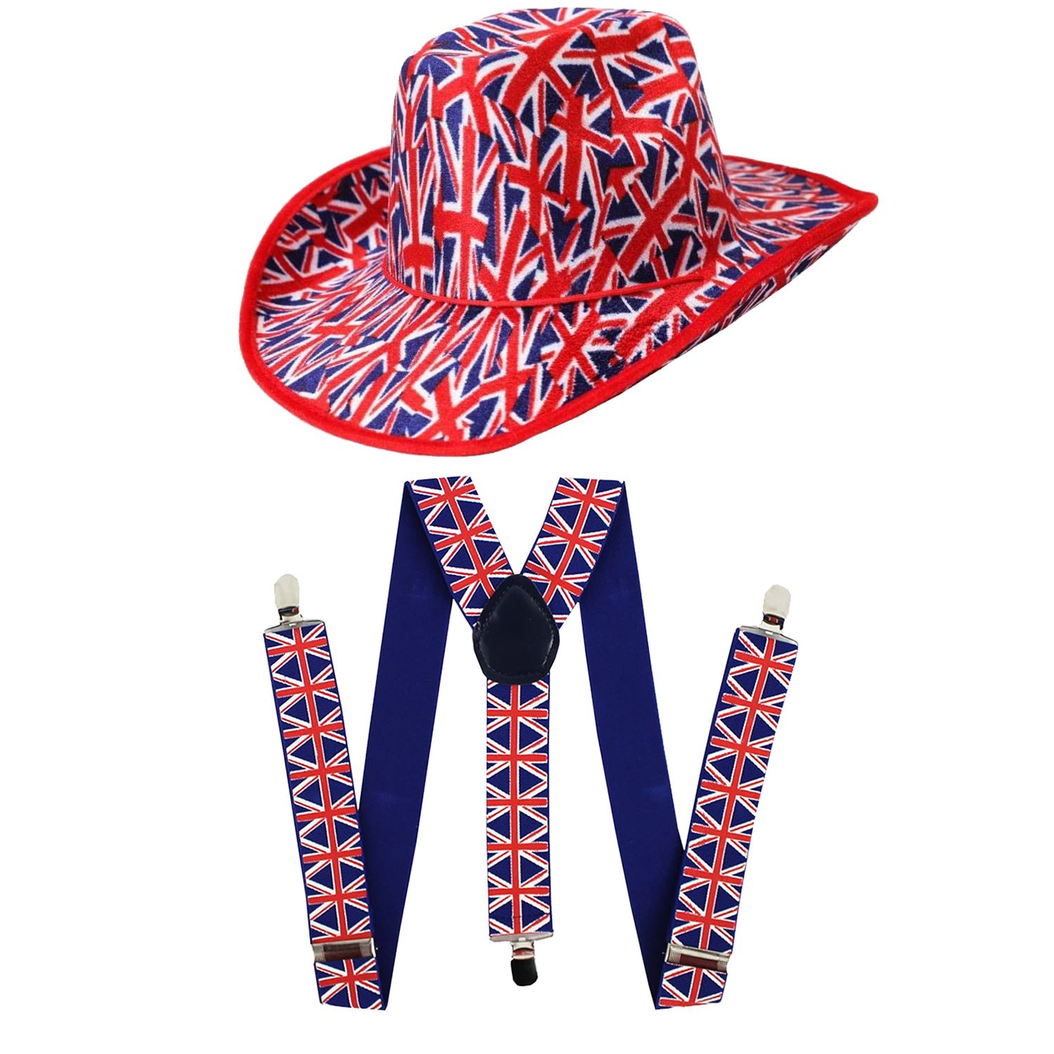 Velour Union Jack Cowboy Hat + Pair of Union Jack Braces