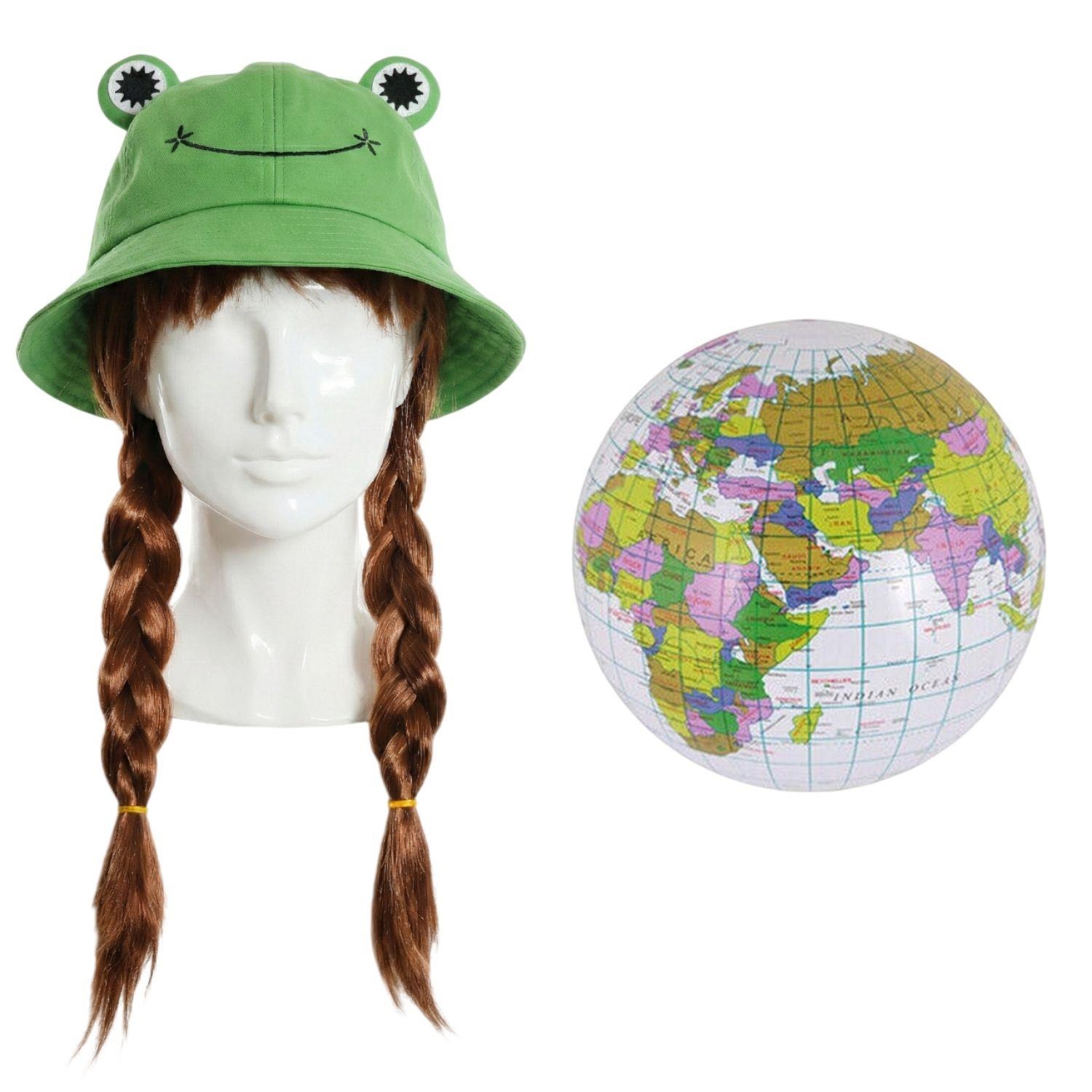 Ladies Greta Accessory Set | 3 Pcs | Frog Bucket Hat, Plait Wig & Inflatable Globe