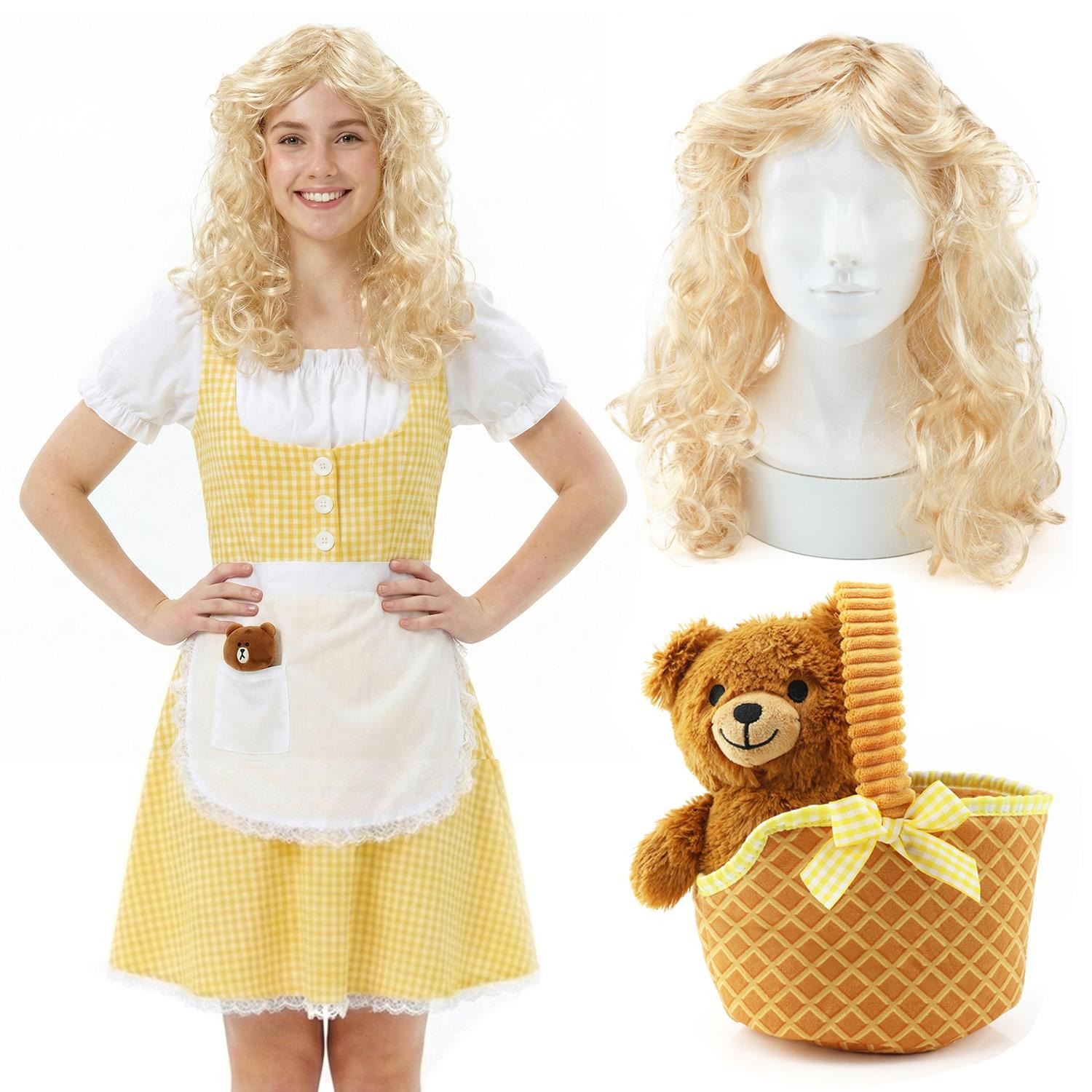 Ladies Goldilocks Costume | 4 Pcs | Dress, Wig, Soft Basket & Bear