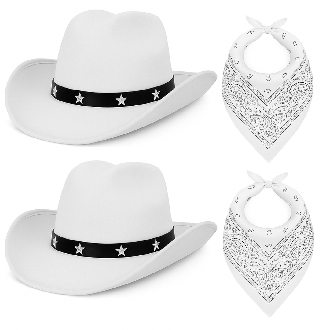 Adults White Star Studded Cowboy Hats with White Paisley Bandanas | Western Fancy Dress Accessory Set