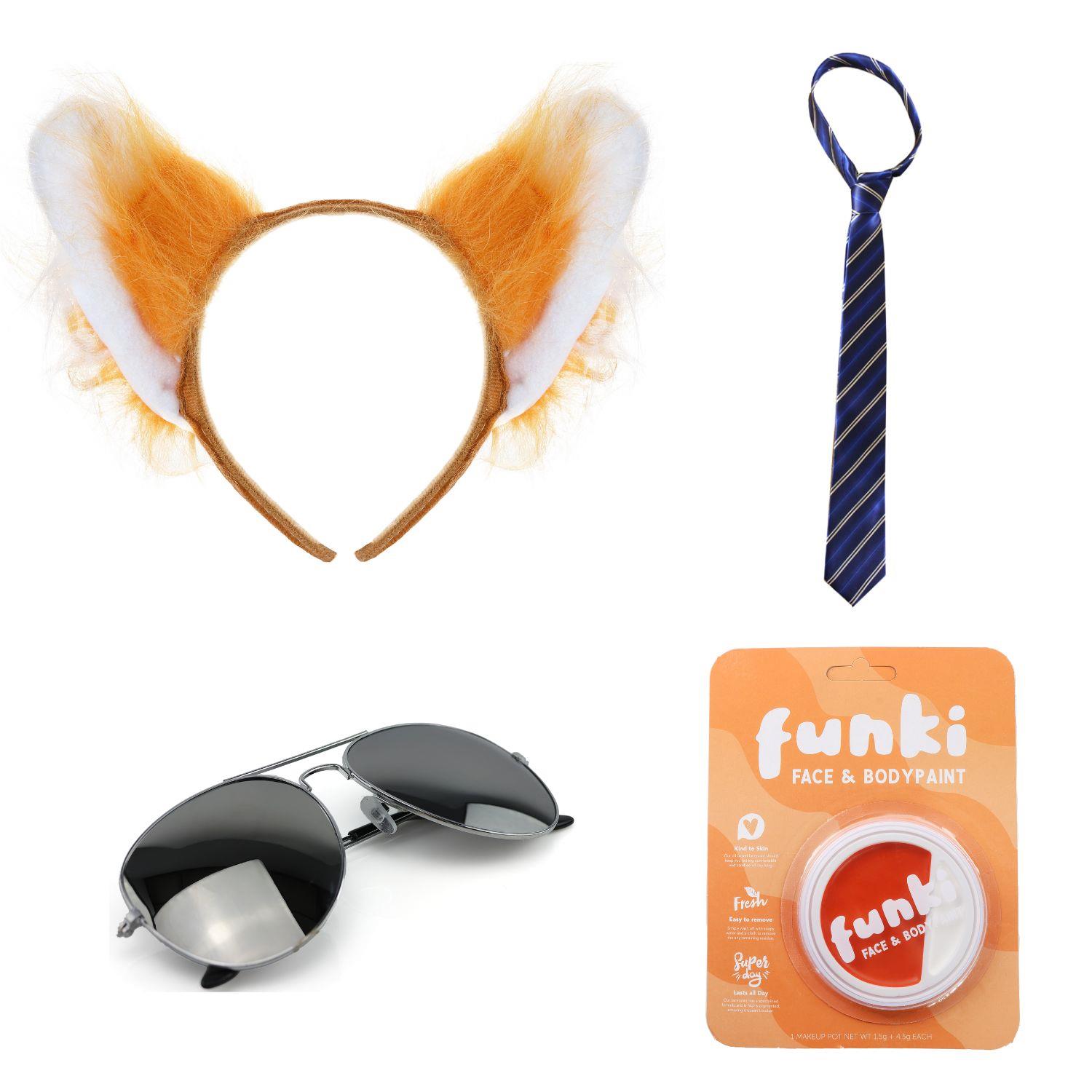 Nick Fox Costume | 4 Pcs | Ears, Tie, Face Paint & Sunglasses
