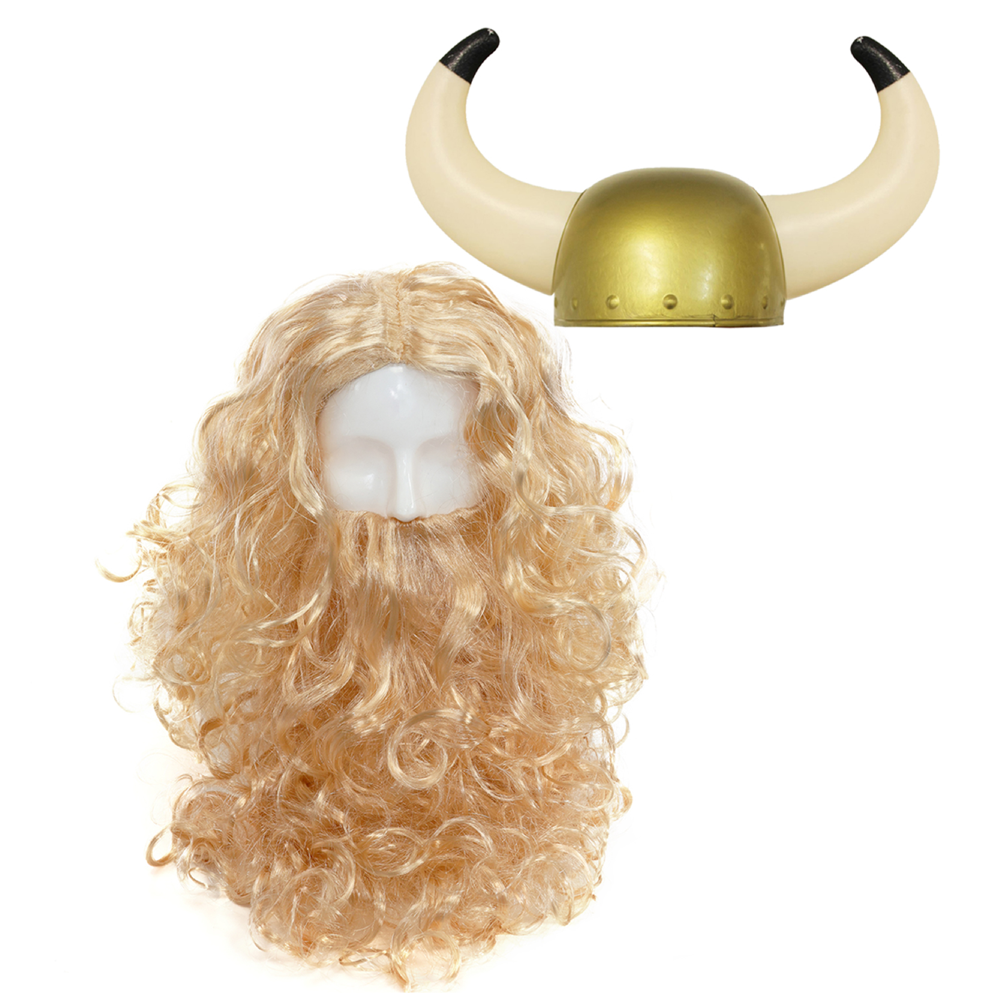 Viking Accessory Set - Wig, Beard & Gold Helmet
