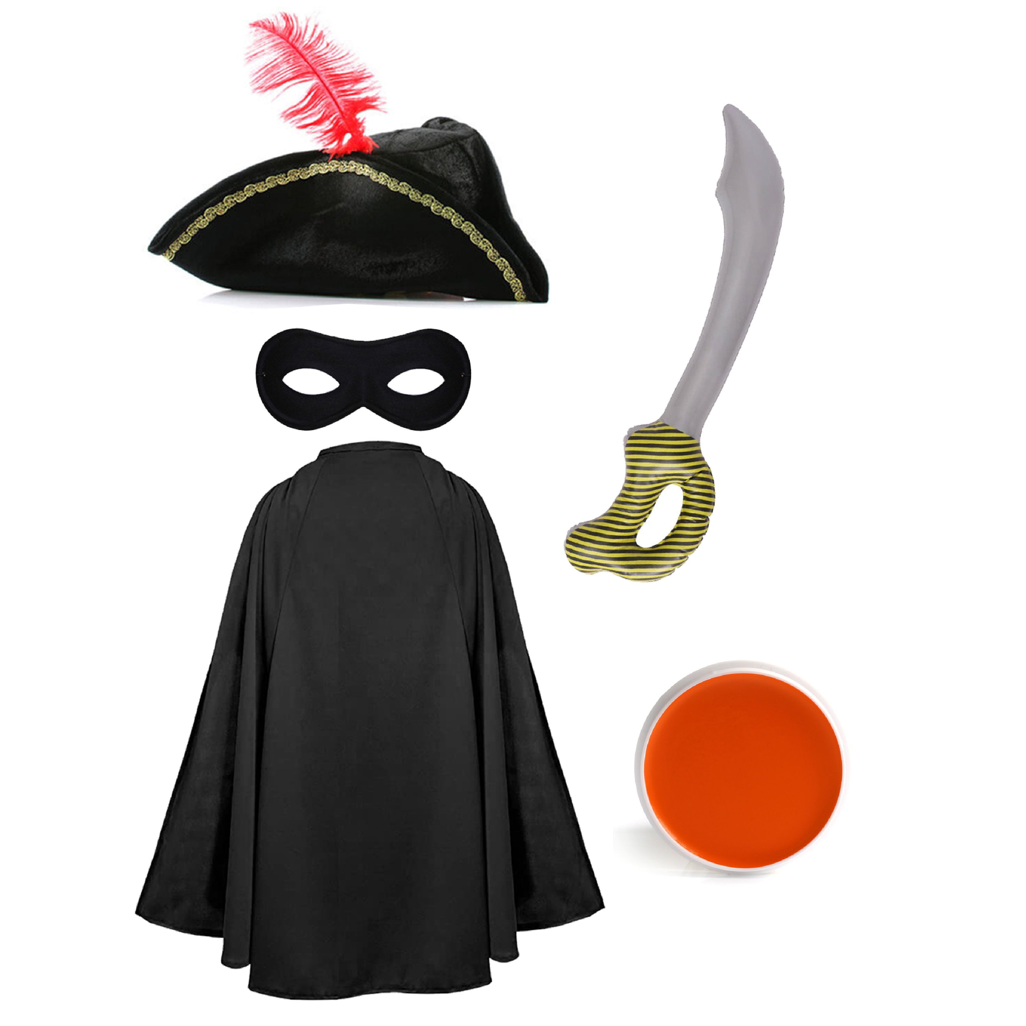 Childs Cat Bandit Costume | 5 Pcs | Cape, Hat, Black Mask, Inflatable Sword & Orange Face Paint