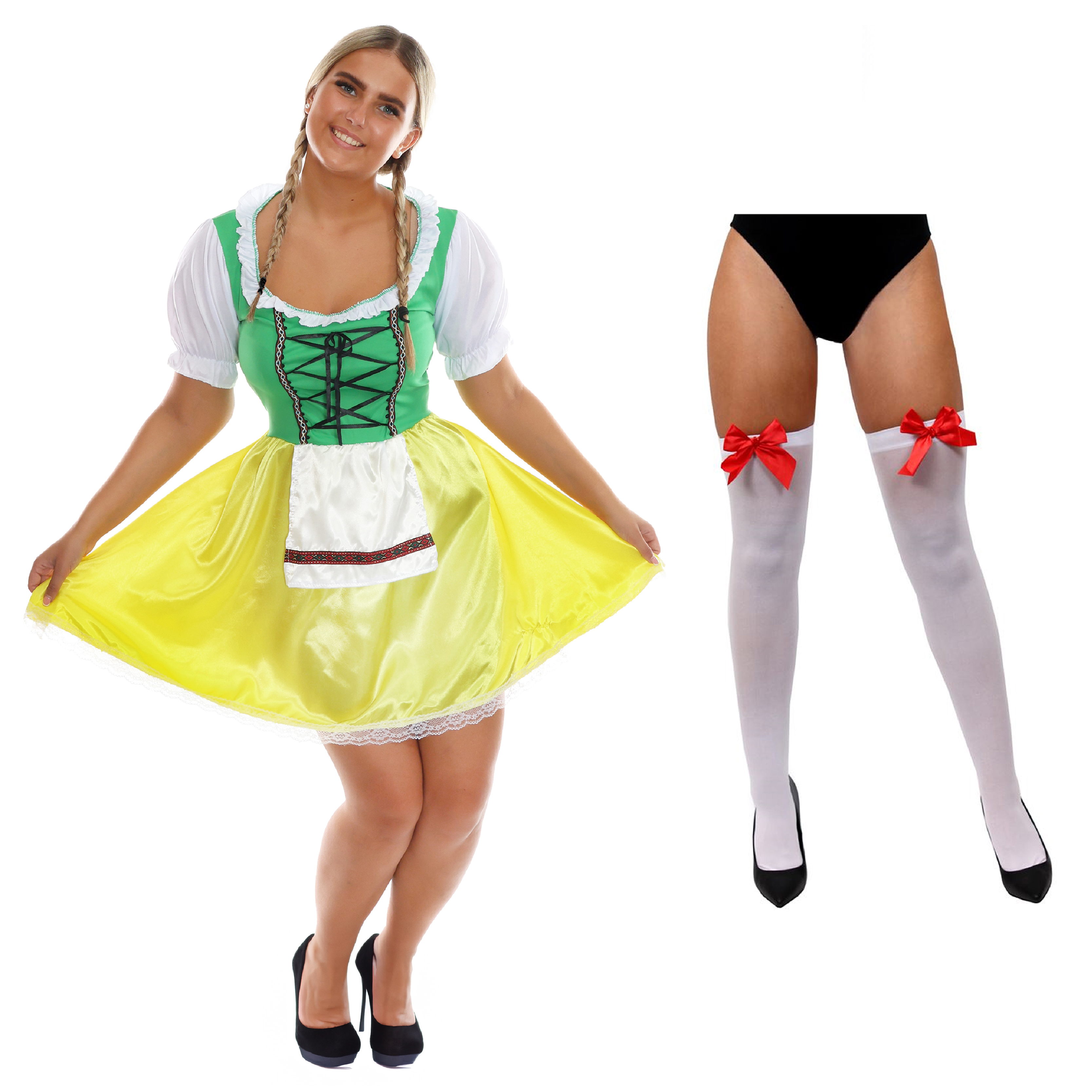 Ladies Green & Yellow Bavarian Dress with Bow Stockings