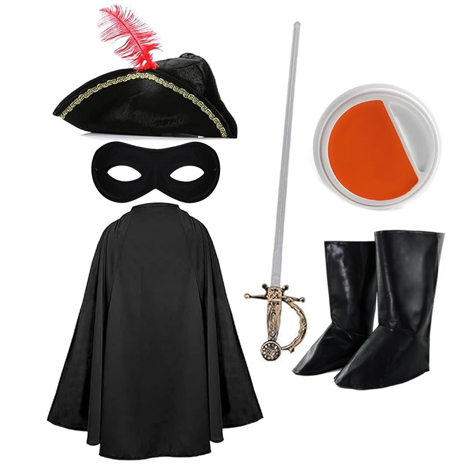 Child's Cat Bandit Costume | 6 Pcs | Cape, Hat, Black Mask, Sword, Boot Covers, Orange & White Face Paint