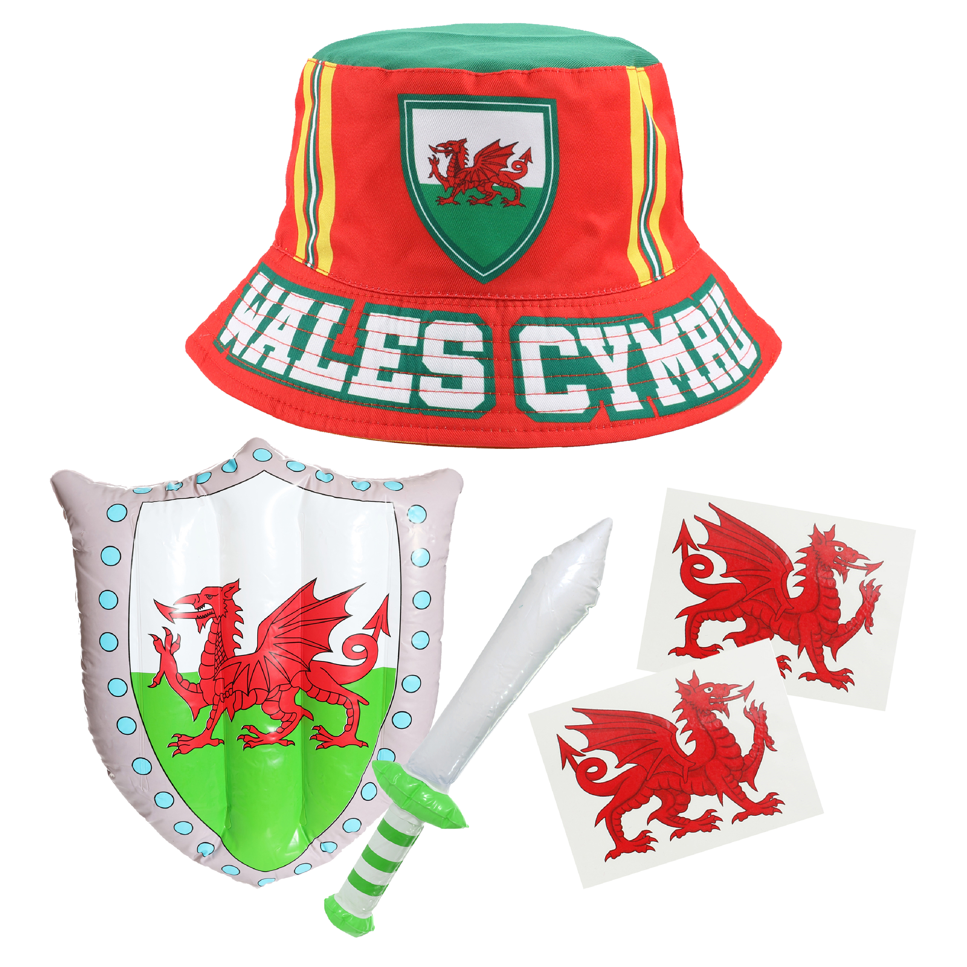 Welsh Set - Bucket Hat, Inflatable Sheild n Sword & Temporary Tattoos