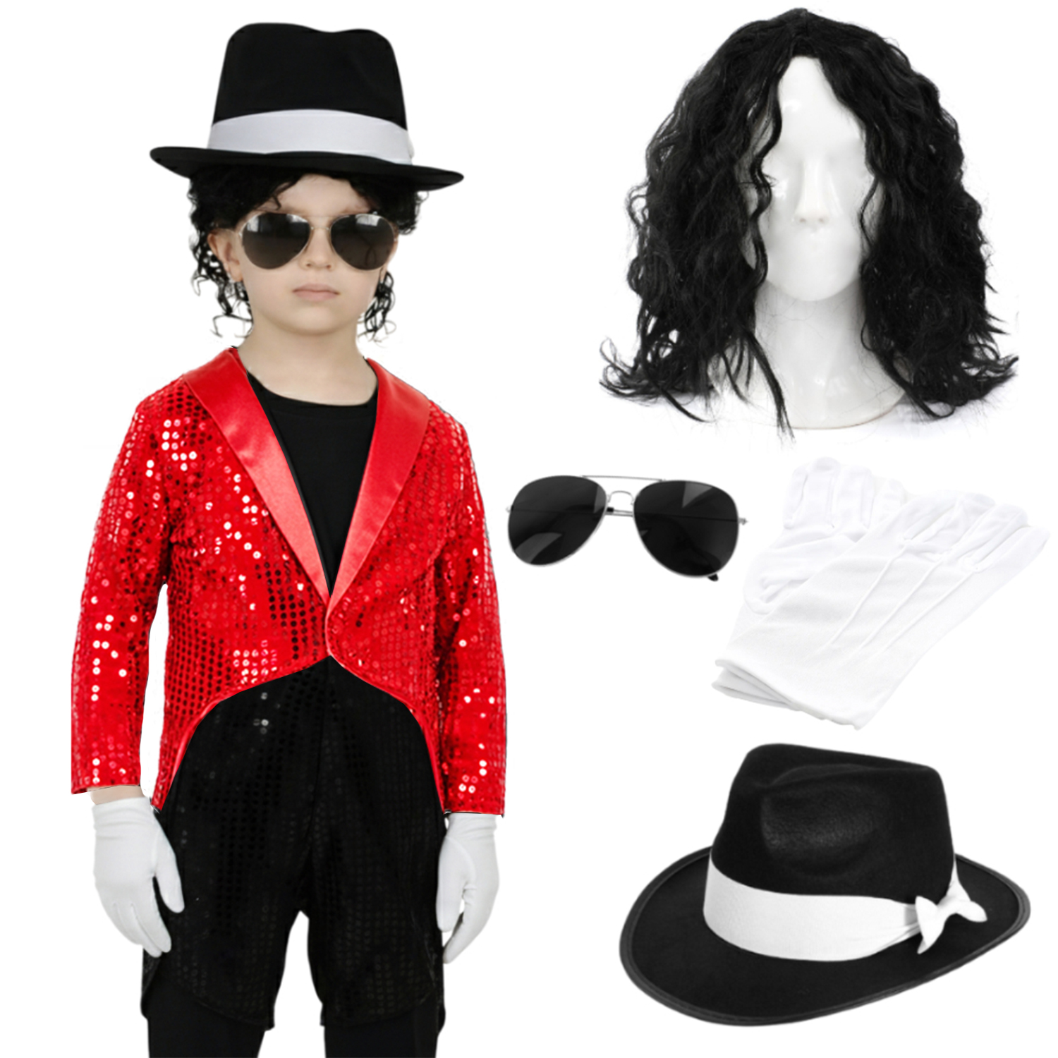 Childs King of Pop Costume | 5 Pcs | Red Sequin Tailcoat, Hat, Wig, Glasses & Gloves