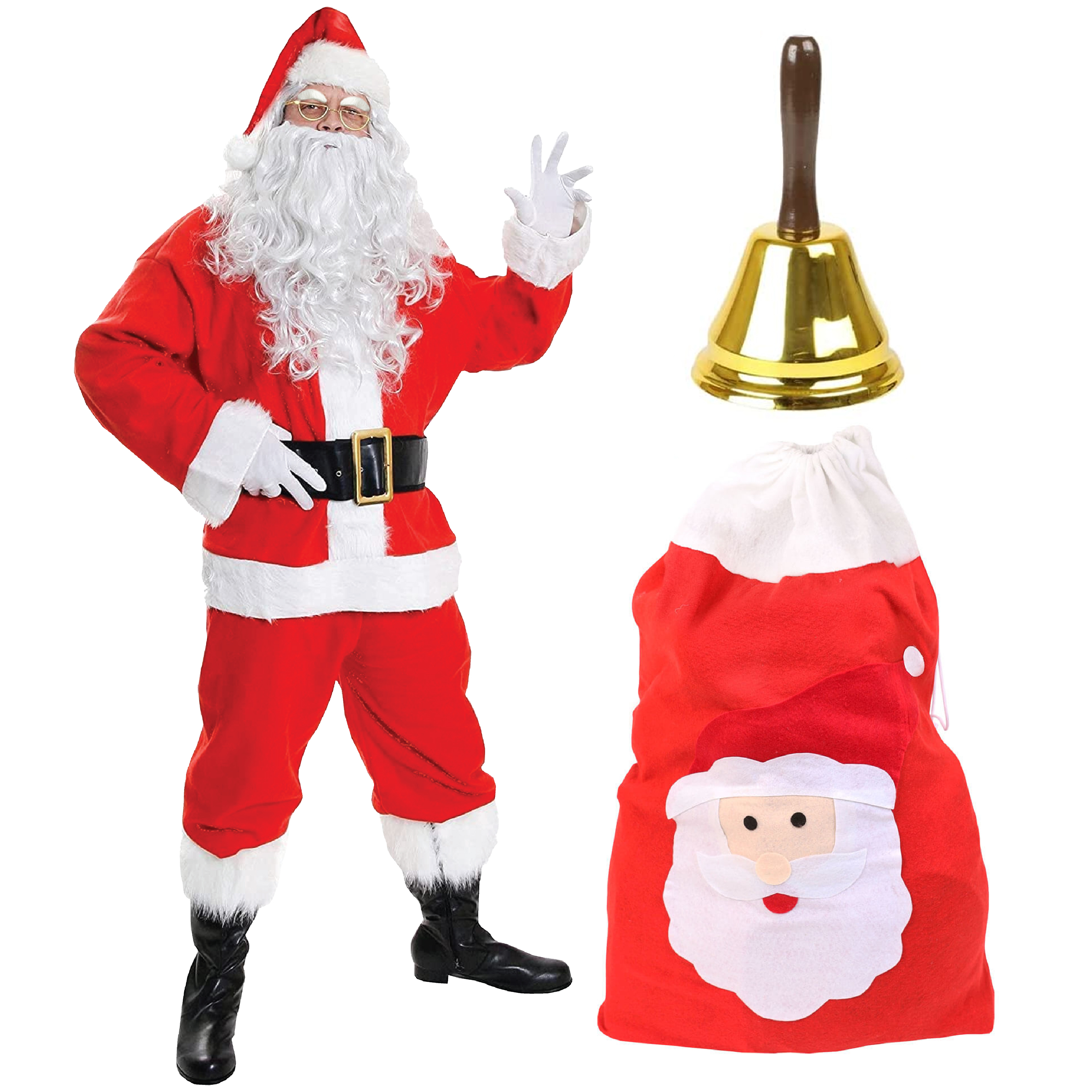 10 Piece Santa Costume Set - with Bell & Sack