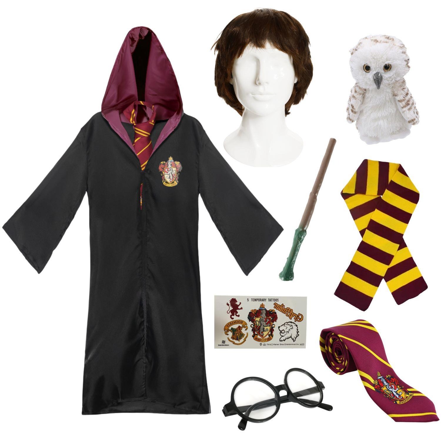 Adults Harry Potter Costume | 8 Pcs | Robe, Tie, Wig, Wand, Glasses, Tattoos, Scarf & Owl