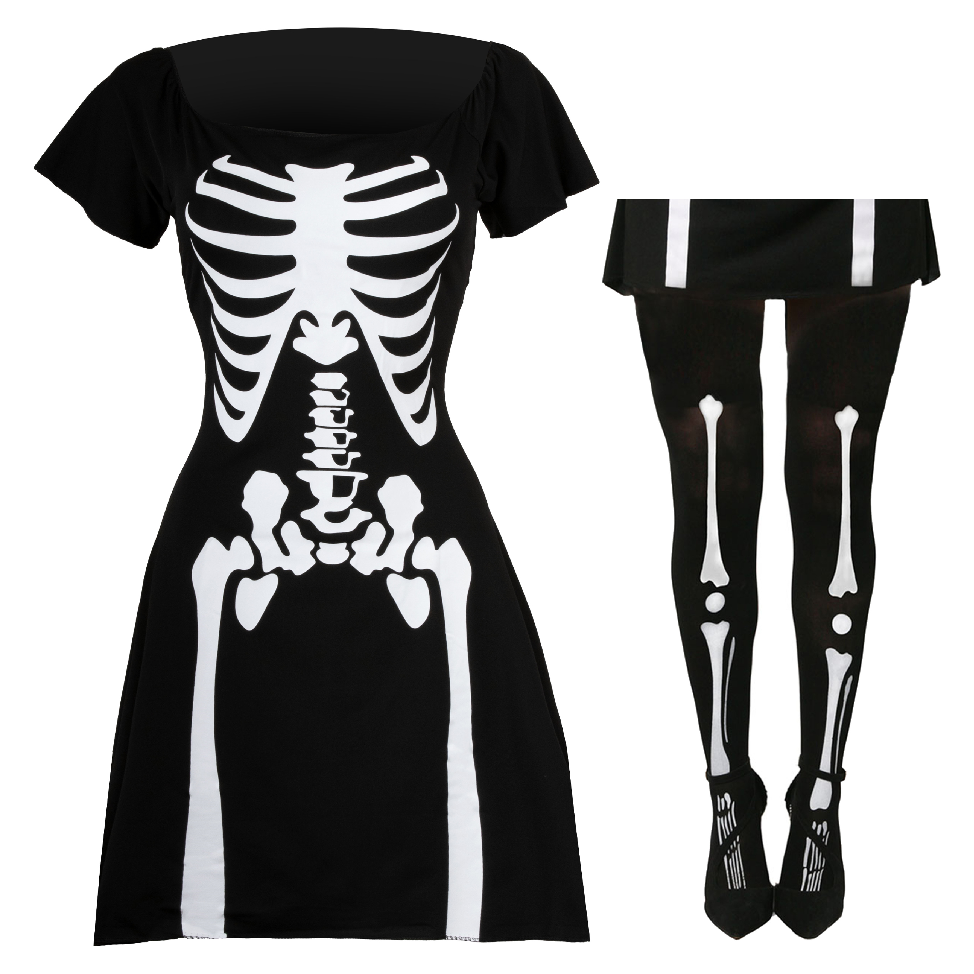 Ladies Skeleton Skater Dress & Tights