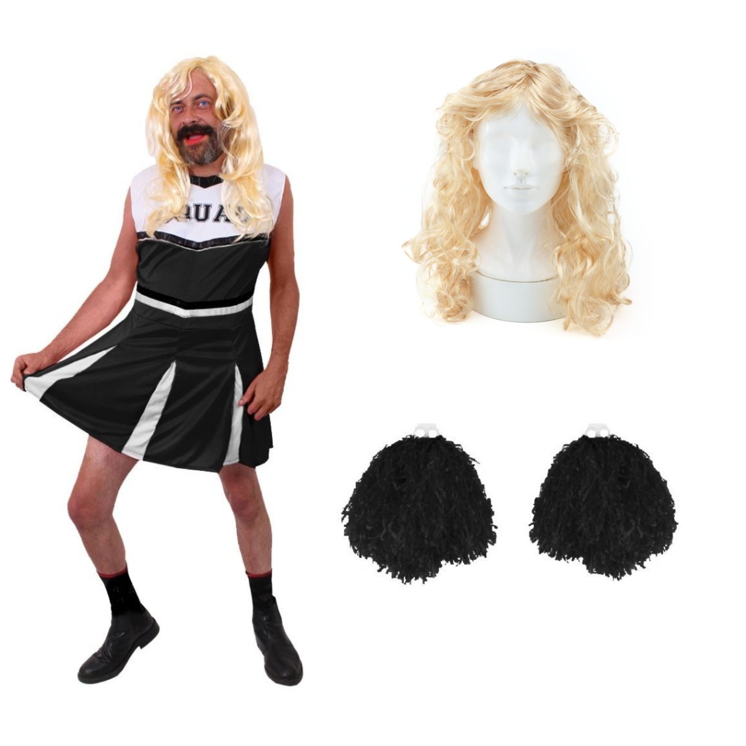 Mens Black Cheerleader Stag Do Costume with Wig & Pom Poms