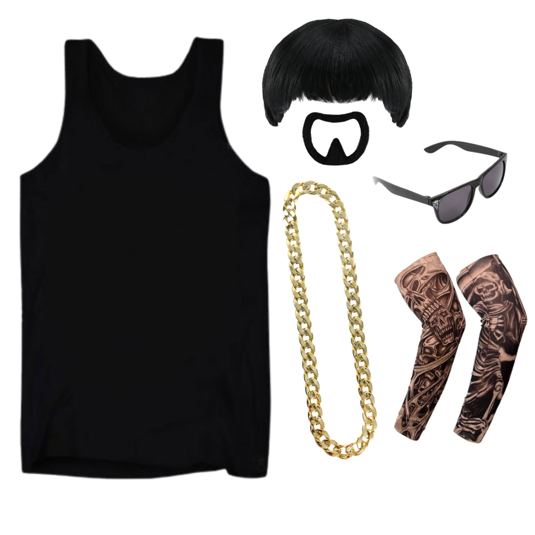 Ibiza Final Boss Costume Set | 6 Pcs | Vest, Wig, Chain, Black Sunglasses, Goatee & Tattoo Sleeves