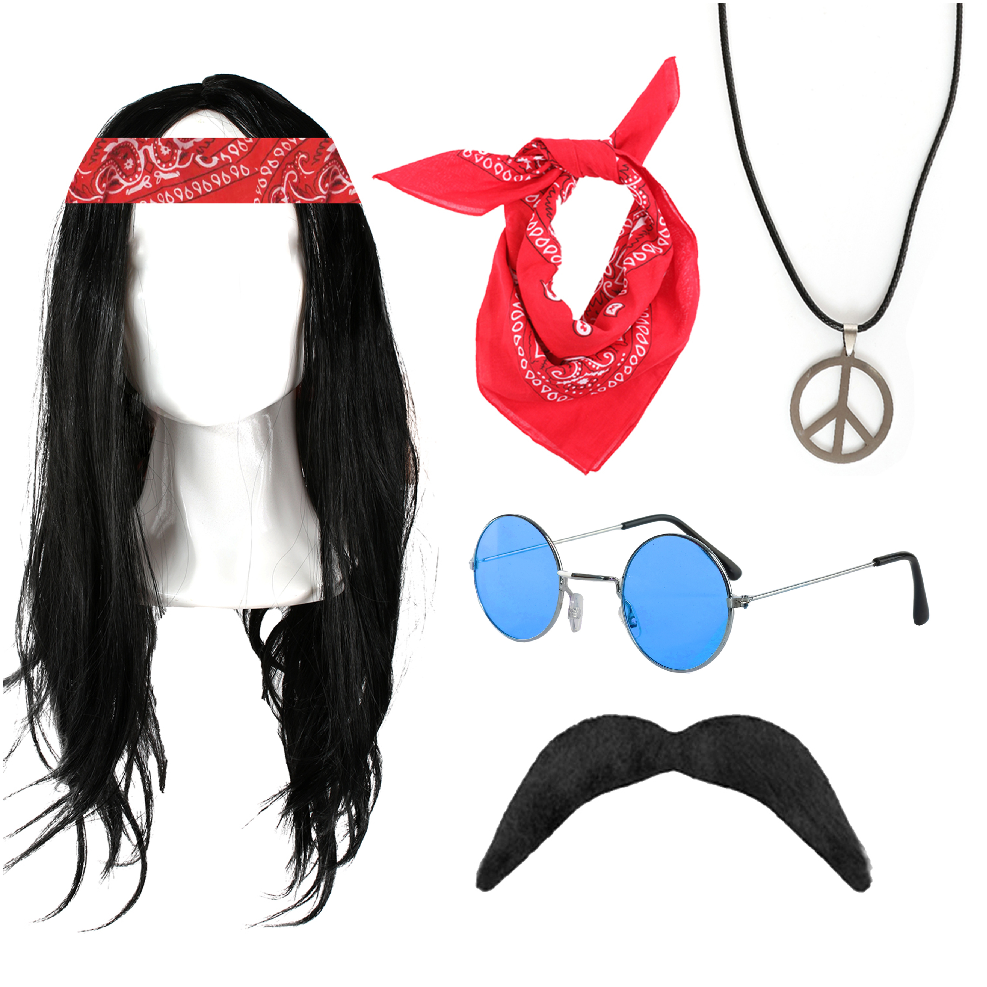Hippie Set - Black Wig, Hippy Necklace, Blue Glasses, Tash & Red Paisley Bandana