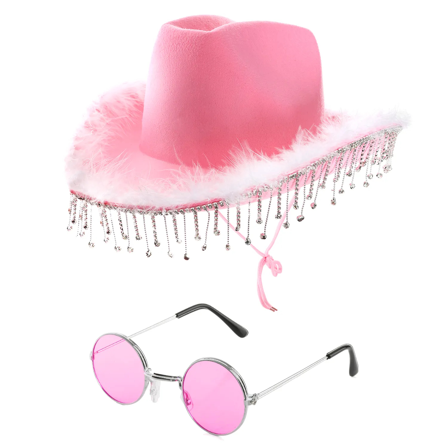 Pink Cowboy Hat with Diamantes + Marabou Trim & Pink Circular Glasses